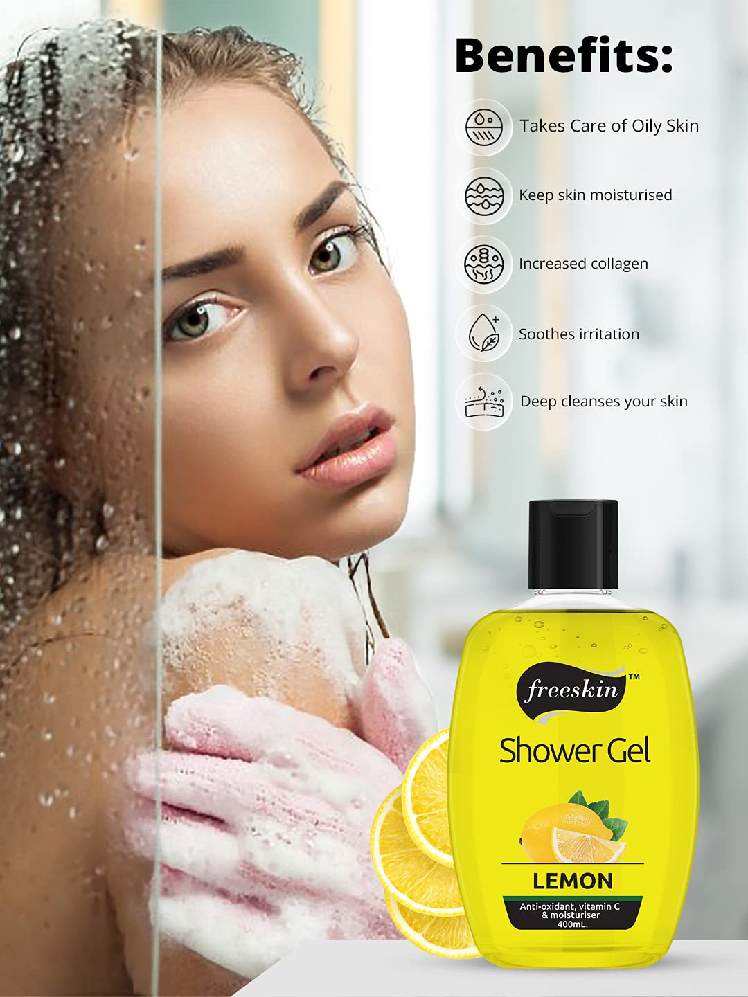 Freeskin Lemon Body Wash & Shower Gel - 400ml Paraben Free, Sulfate Free, Mineral Oil Free - Hydrating & Refreshing for All Skin Types - Perfect for Daily Shower & Spa Relaxation