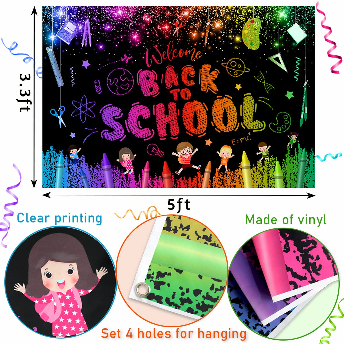 Welcome Back to School Backdrop - First Day of School Decorations for Preschool & Kindergarten Classroom | Black Background Banner for School Photos, Bulletin Boards & Classroom Parties