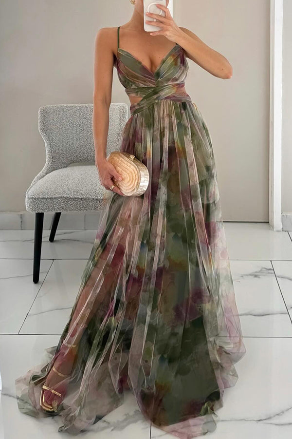 Giselle Floral Print Tulle Maxi Dress with Cutout Waist & Back Lace-Up Detail | Elegant Formal Gown for Weddings, Prom & Evening Events