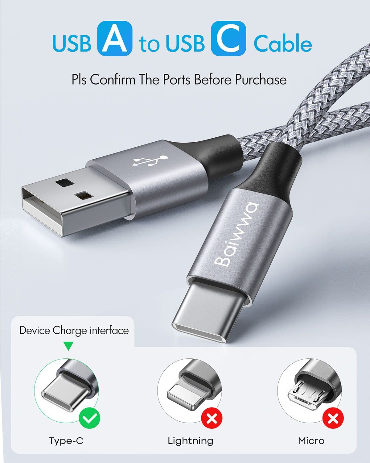 Baiwwa 3-Pack 1ft USB C to USB A Fast Charging Cable [3A, Braided] - Compatible with Samsung Galaxy S22/S21/S20/S10/S9/Note 20 & A Series - Perfect for Home, Office & Travel Charging