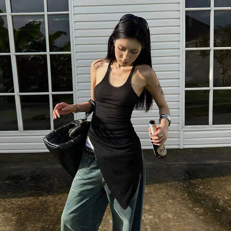Black Racerback Tank Top for Women - Y2K Street Fashion Asymmetrical Fitted Tops | Summer Festival Outfit, Casual Wear & Layering Essential
