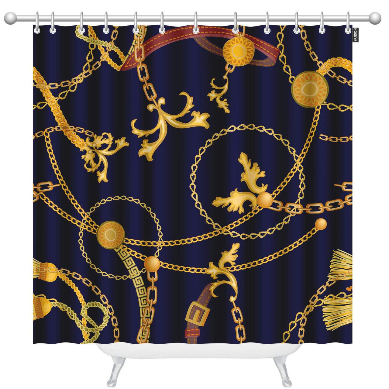 HOSNYE Baroque Print Shower Curtain Set for Women - 72 x 78 Inch Luxury Bathroom Decor with 12 Hooks, Chains & Jewelry Elements | Waterproof Bath Curtain for Modern & Vintage Style Bathrooms