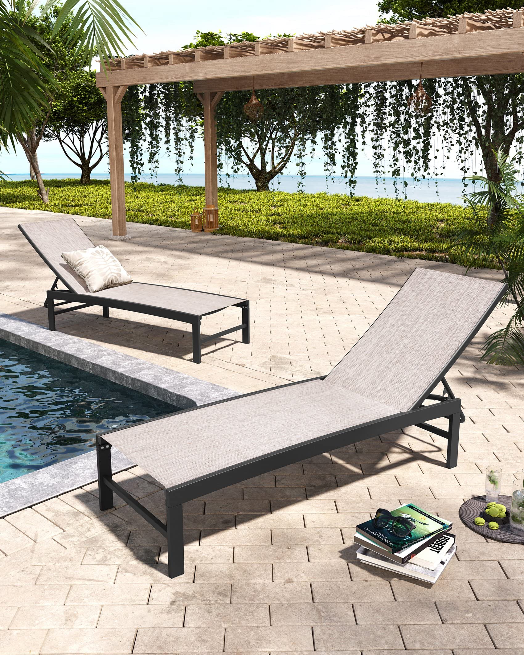 Pellebant Outdoor Lounge Chairs Set of 2 - Adjustable Backrest Patio Chaise Lounges, Rustproof Aluminum Poolside Sunbathing Chairs for Deck, Garden & Beach (2-Piece, Earth Tone) - Perfect for Relaxing by the Pool, Backyard Lounging or Coastal Getaways
