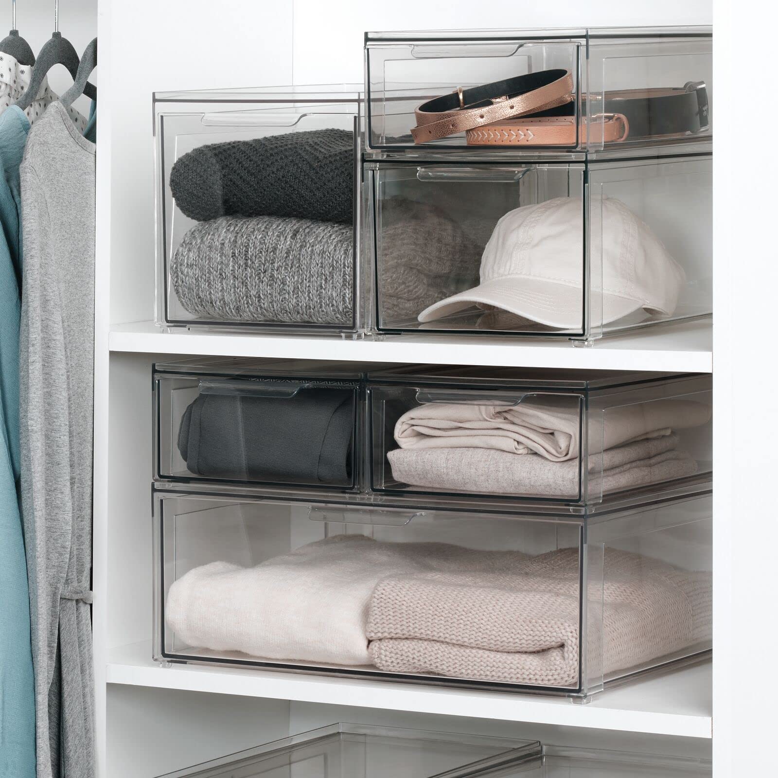 mDesign Plastic Stackable Closet Storage Bins with Pull-Out Drawers - 2 Pack Clear Organizers for Cabinet, Desk, Shelf, Cupboard & Dresser | Perfect for Bedroom, Bathroom & Office Organization | Lumiere Collection