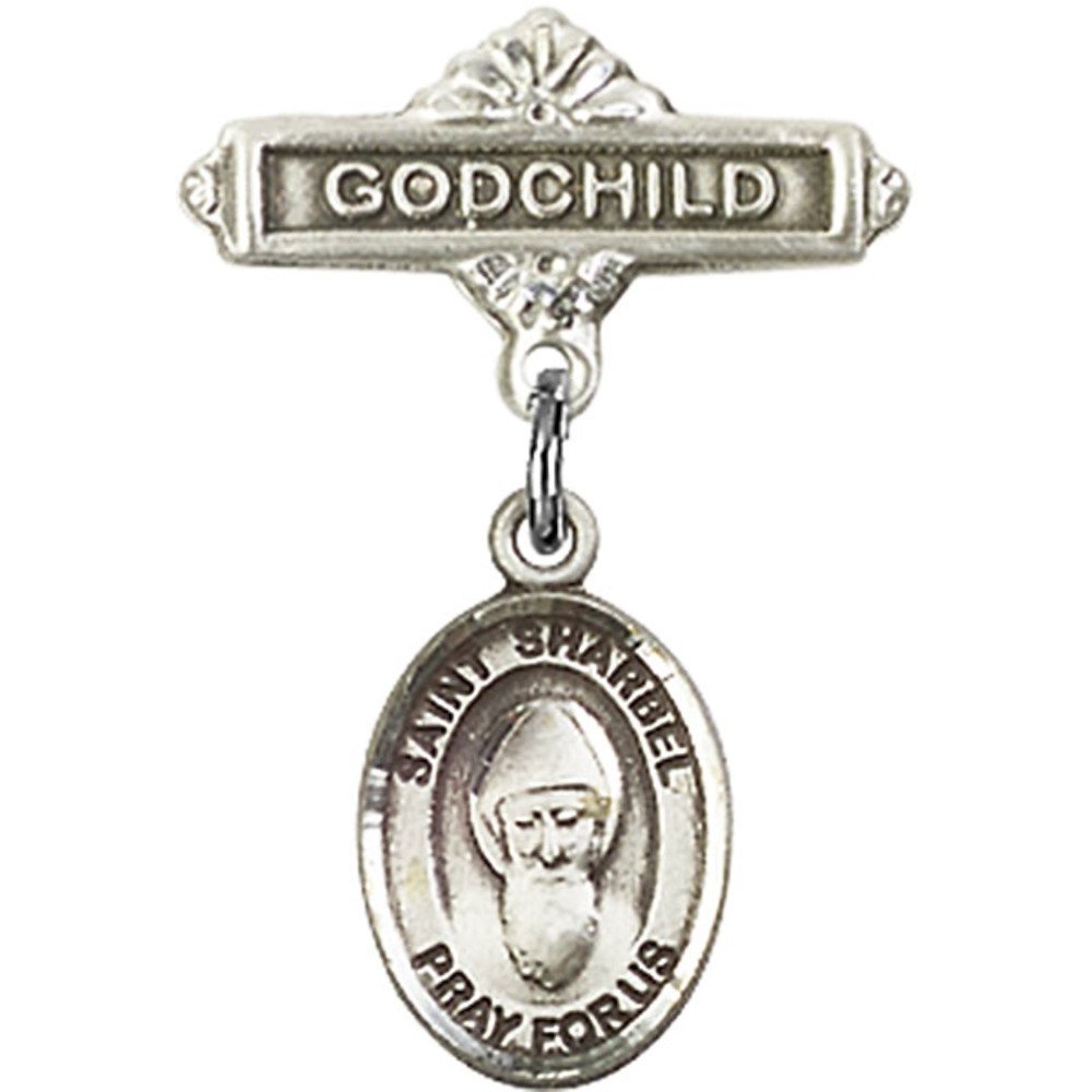 St. Sharbel Sterling Silver Baby Badge & Godchild Pin - 1 x 5/8 Inch Religious Jewelry for Baptism, Christening & First Communion Gifts