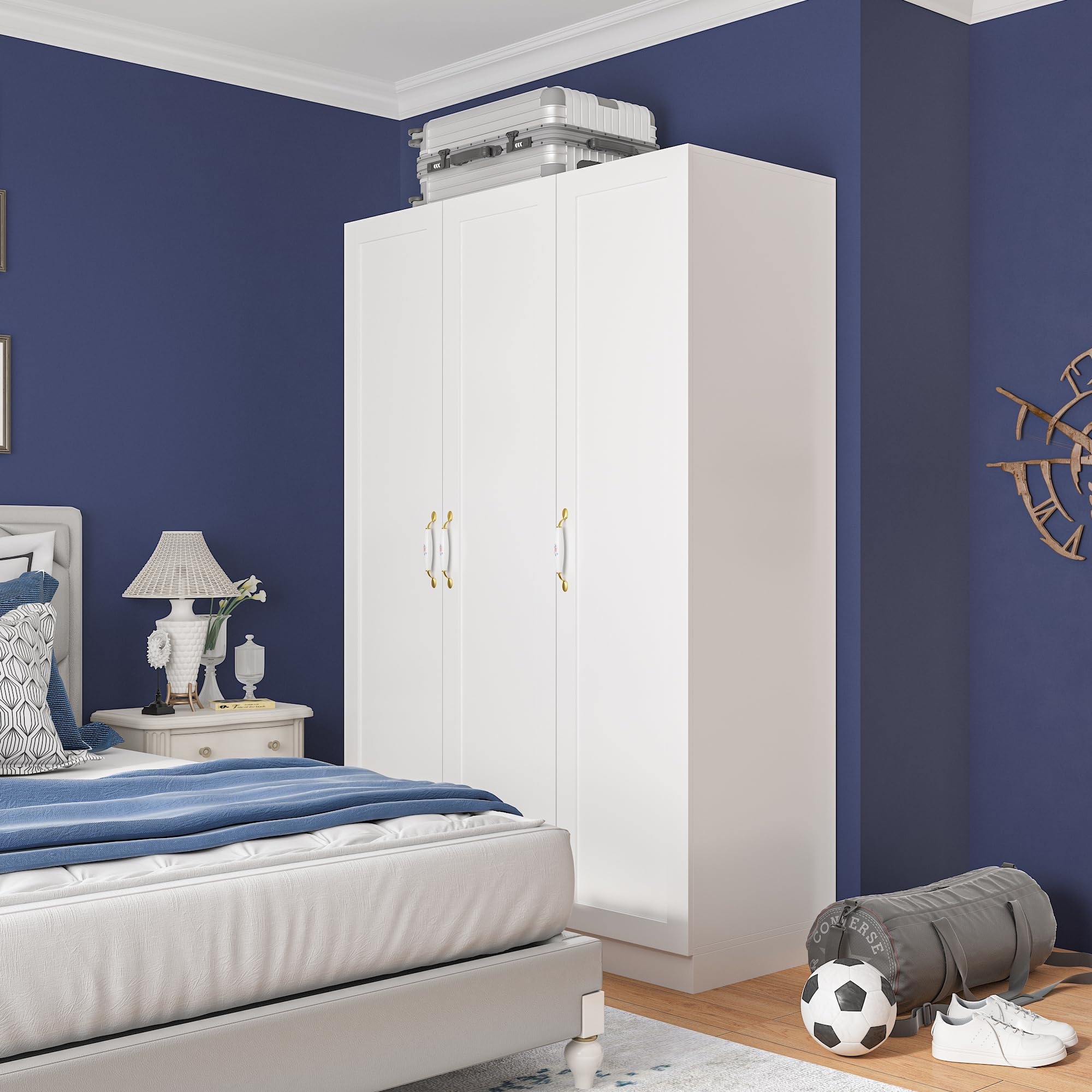 Homsee White Wooden Wardrobe Armoire Closet - 3 Doors, 5 Storage Compartments, 2 Hanging Rods & Decorative Handles for Bedroom Organization - Perfect for Master Bedroom, Guest Room, and Walk-in Closet Storage Solutions
