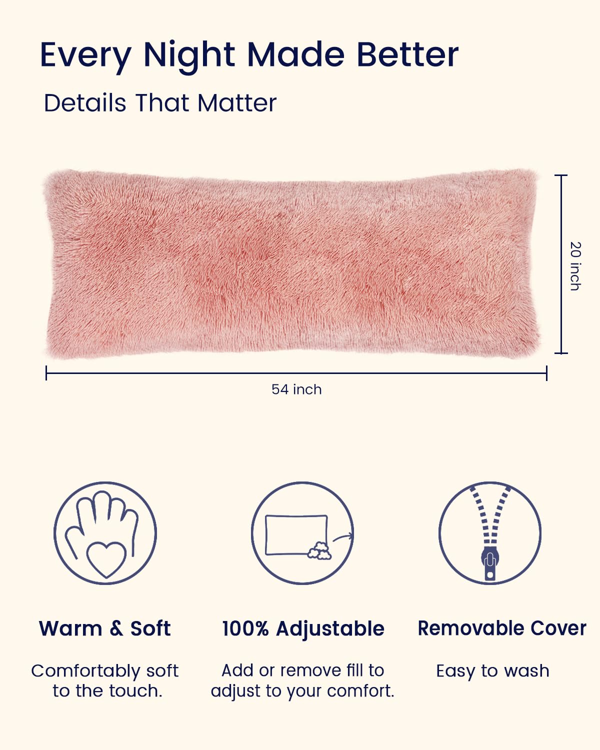 ZonLi Fluffy Full Body Pillow for Adults - Extra Long Support Pillow with Removable Washable Cover & Adjustable Filling - Ideal for Side Sleepers, Pregnancy Support, Back Pain Relief - Soft & Firm Machine Washable Pillow (Pink) - Perfect for Bed, Couch, Travel & Maternity Comfort