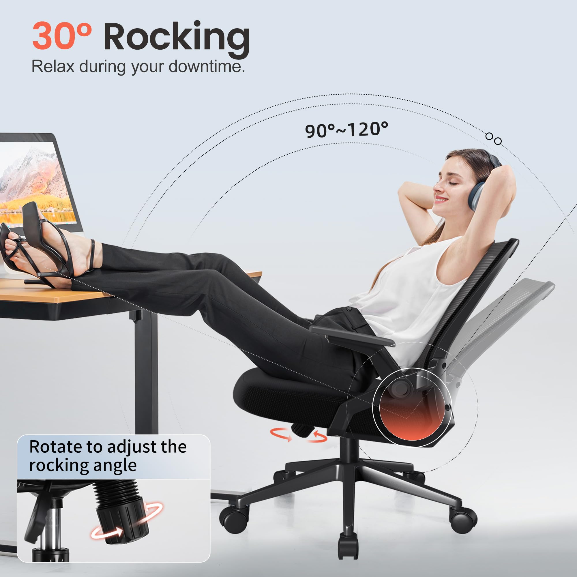 Ergonomic Office Chair with Flip-Up Armrests & Lumbar Support - Adjustable Computer Desk Chair for Home Office, Black (20