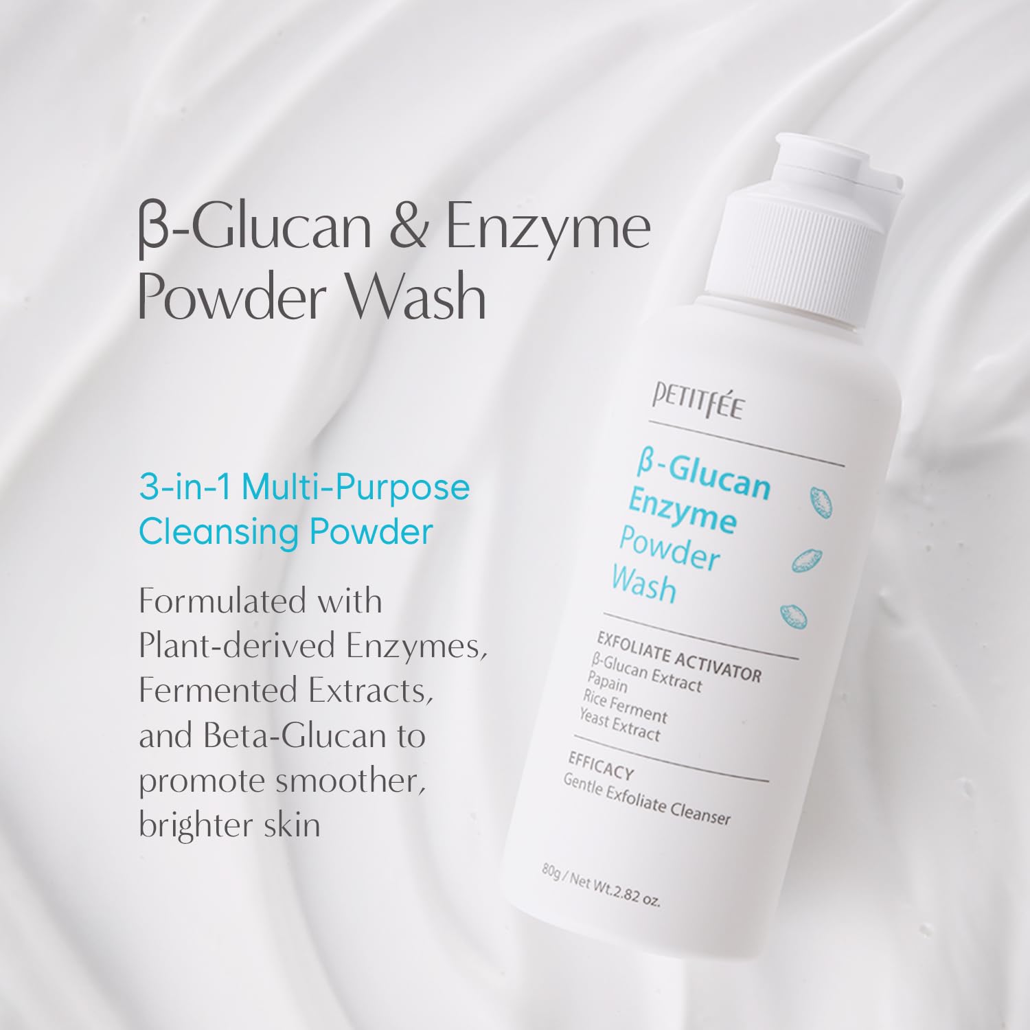 Petitfee B-Glucan Enzyme Powder Wash 2.82 oz (80g) - Gentle Exfoliating Facial Cleanser with Papaya Extract & Rice Ferment for Daily Use | Korean Skincare, Powder-to-Foam Cleanser for Sensitive Skin | Perfect for Morning Routine & Deep Cleansing