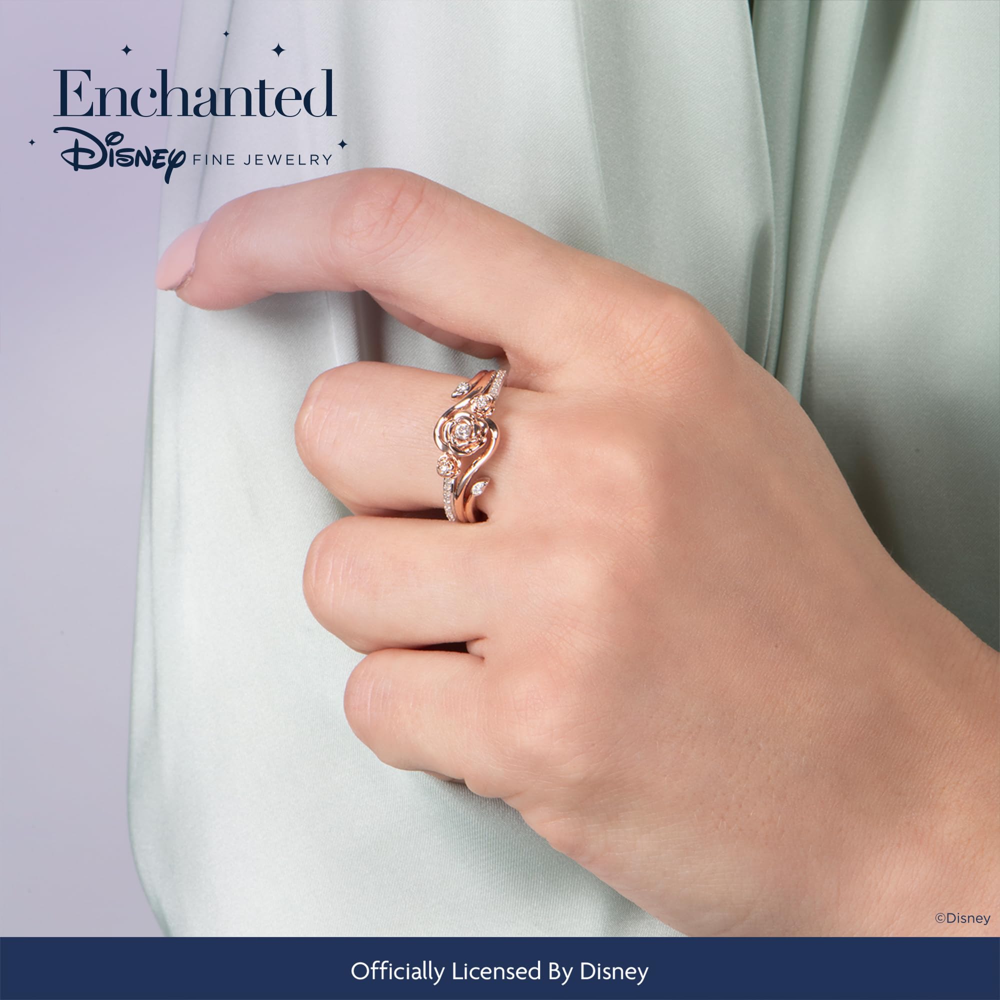 Enchanted Disney Belle Rose Diamond Ring - 1/6 CTTW 14K Rose Gold over Sterling Silver Fine Jewelry for Women | Perfect for Weddings, Anniversaries & Disney Princess Fans