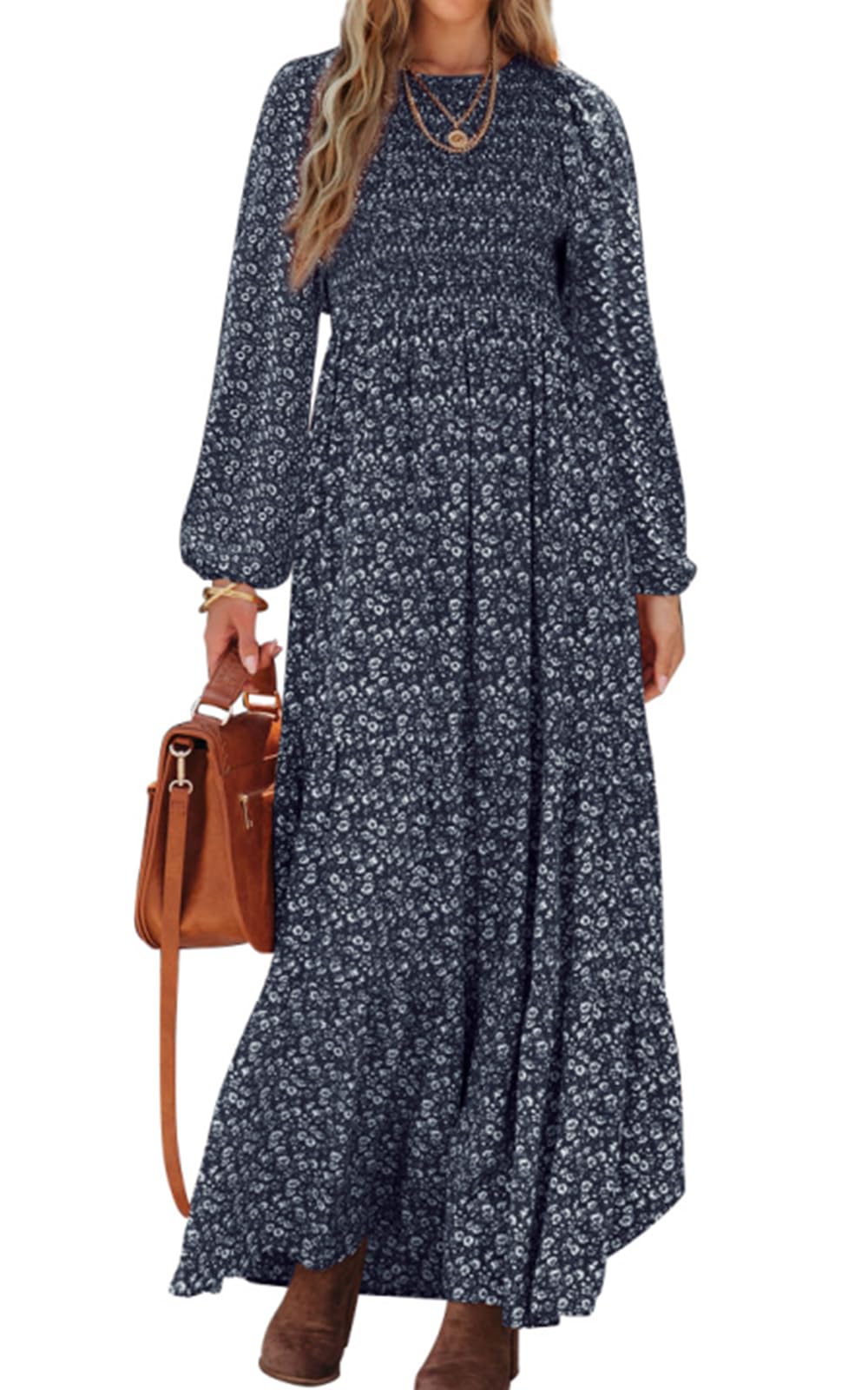 PRETTYGARDEN Women's Floral Maxi Dress 2025 - Long Sleeve Smocked Tiered Midi Dress with Crew Neck | Spring Summer Casual Flowy Dress for Beach, Wedding & Vacation