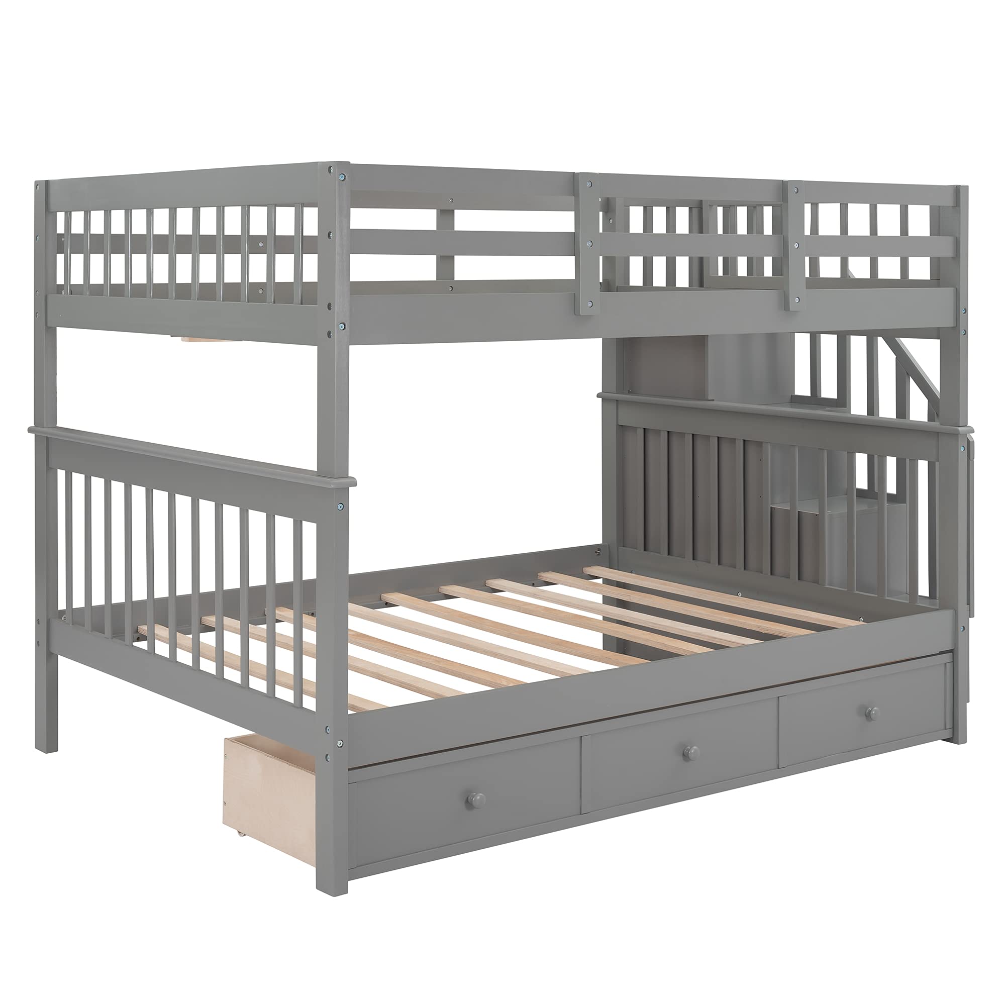 Harper & Bright Designs Full Over Full Bunk Bed with Stairs & Storage Drawers - Solid Wood Twin Bunk Bed for Kids, Teens & Adults - Space Saving Bedroom Furniture for Small Rooms & Shared Kids' Rooms (Grey)