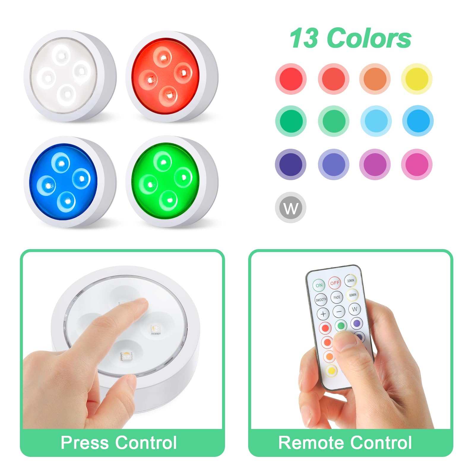2 Pack Battery Operated LED Light Bulbs - Dimmable E26 Base, 13 Color RGB Changing Puck Lights with Remote Control & Memory Function - Perfect for Non-Electric Chandeliers, Wall Sconces, Closets, Camping & Emergency Lighting