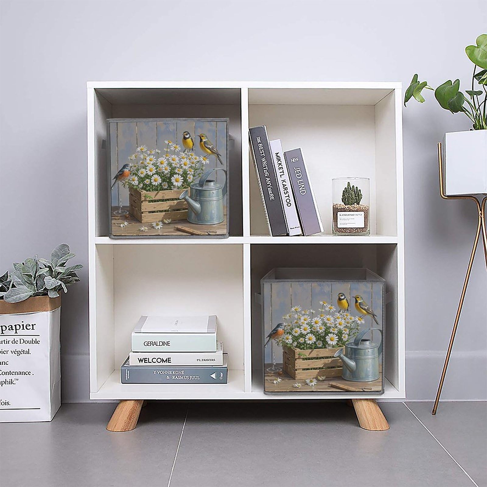 2PCS Foldable Storage Bins with Daisy & Bird Print - Large Capacity Storage Boxes with Handles for Home, Office, Playroom Organization | Perfect for Toys, Books, Clothes & Household Items Storage