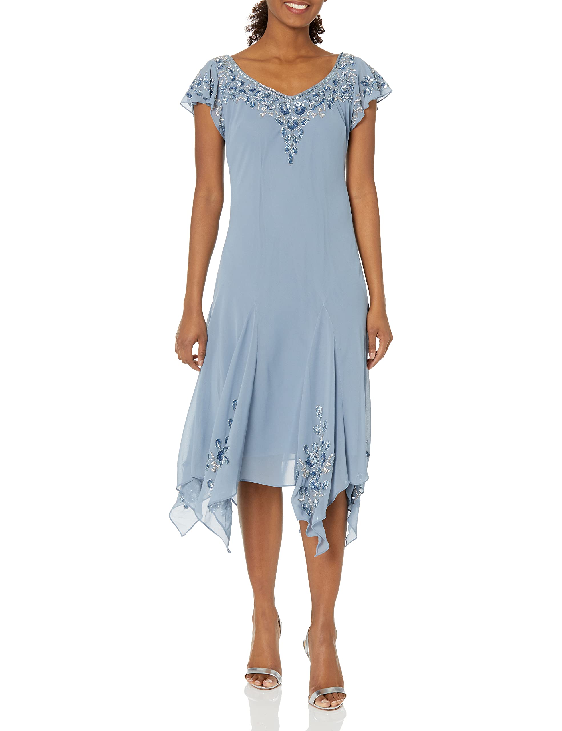 J Kara Women's Plus Size Petite Flutter Sleeve Hanky Hem Cocktail Dress with Beaded Details - Perfect for Parties, Weddings & Special Occasions