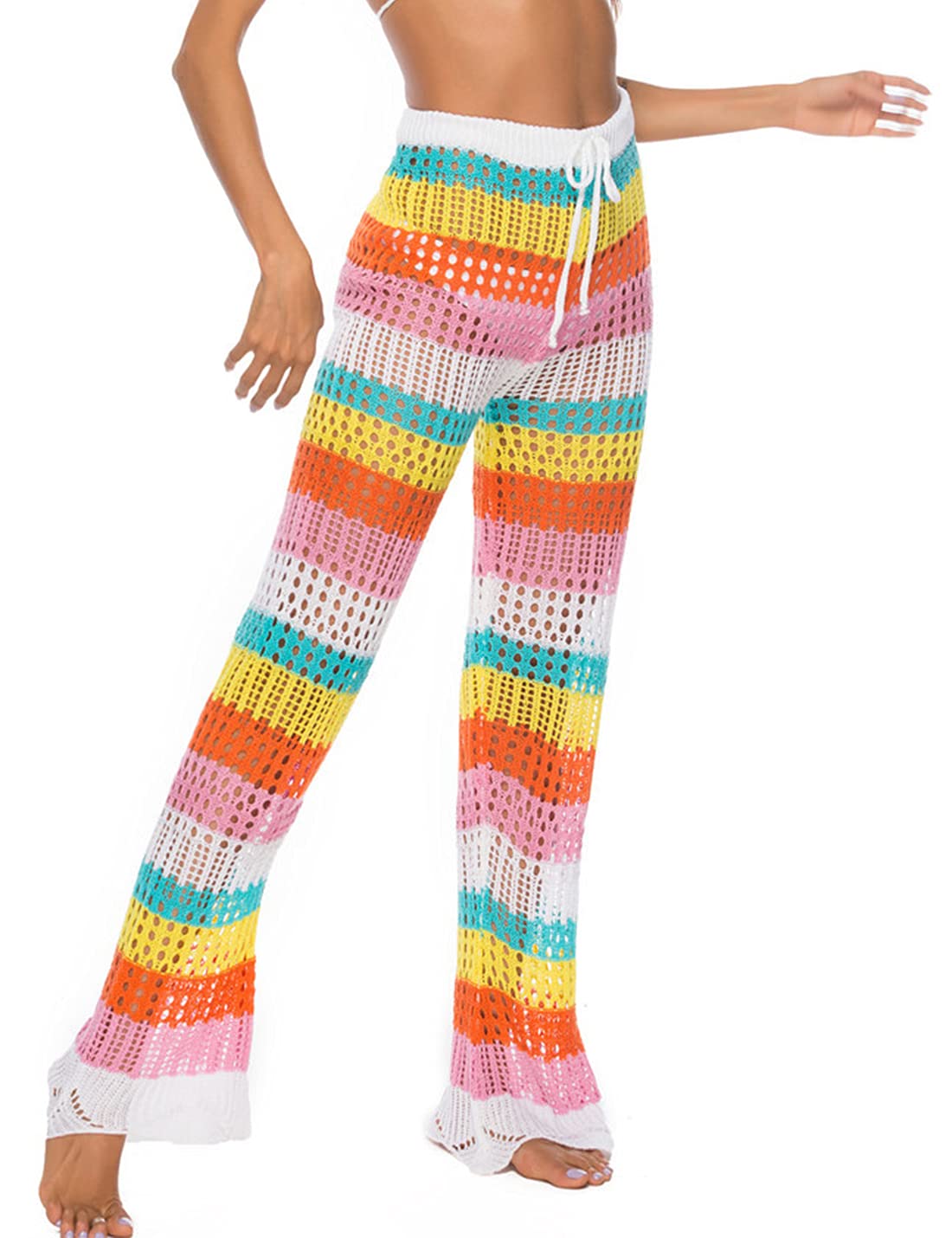 PEHMEA Women's Crochet Beach Pants - Hollow Out Rainbow Swimsuit Cover Up Trousers for Summer Vacation, Pool Party & Boho Fashion