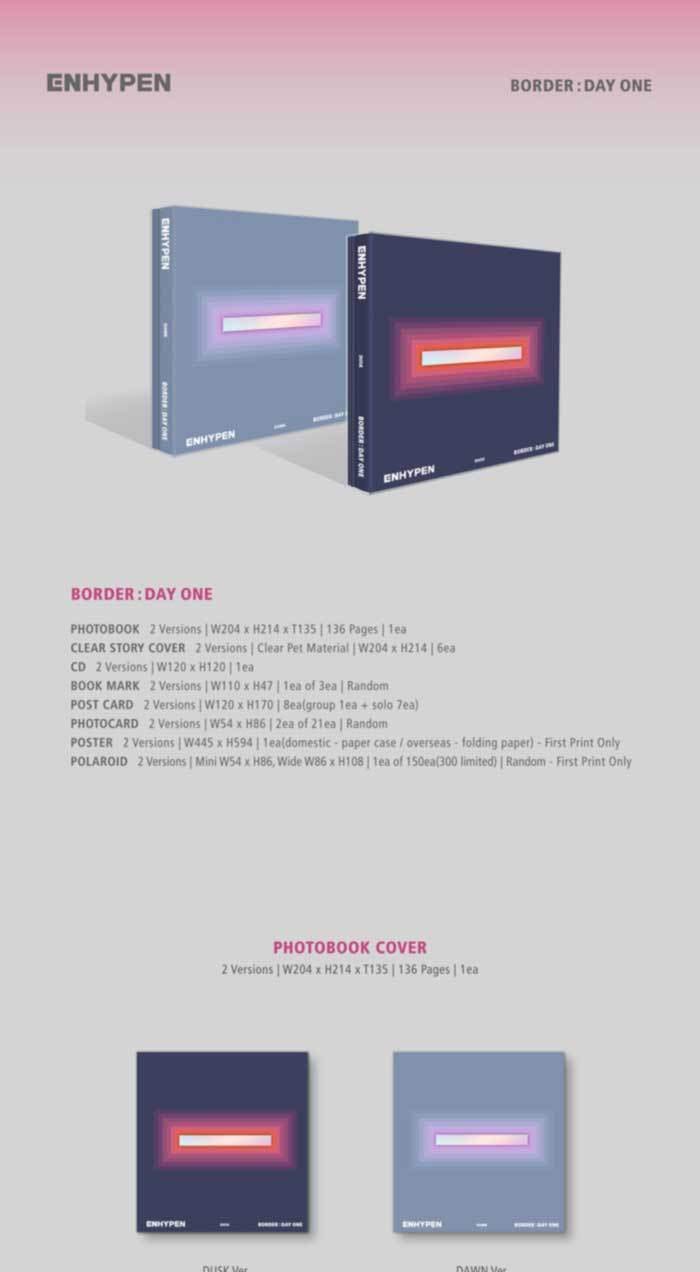 ENHYPEN BORDER : DAY ONE 1st Mini Album 2 Version SET - 136p Photobook, Clear Story Cover, Bookmark, Photocards, Postcard | K-POP Collectible Album for Fans, Gift Idea, Music Lovers | Perfect for Display, Fan Meetings, and Special Occasions