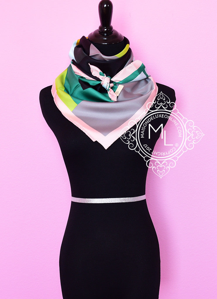 Hermes Silk Scarf 90cm - Pink & Green Twill Design by Nathalie du Pasquier | Luxury Fashion Accessory for Women, Perfect for Gifts & Special Occasions