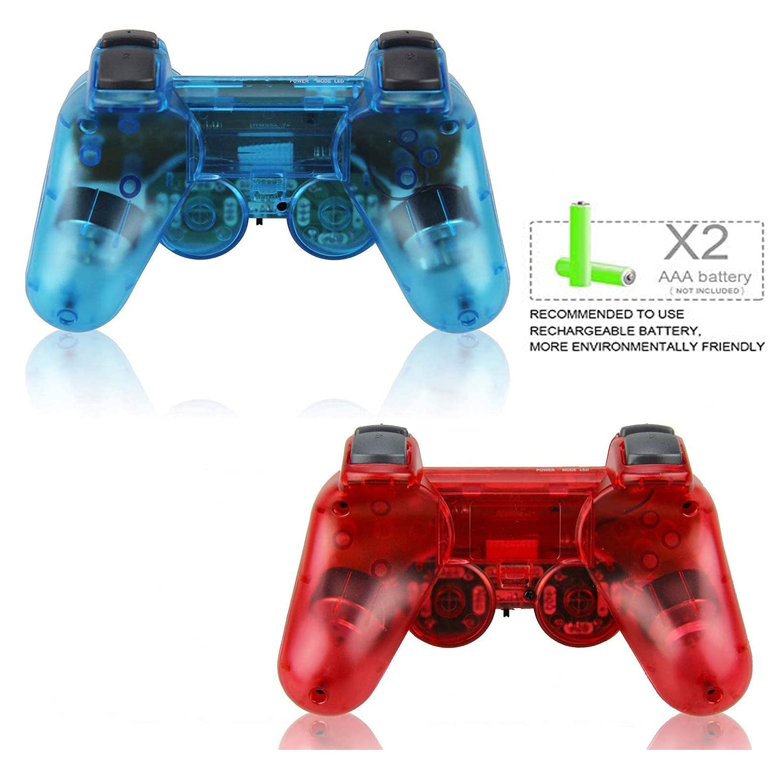 Wireless PS2 Controller with Dual Vibration - 2.4G Gamepad Joystick Compatible with Playstation 2 Console - Includes Wireless Receiver (2 Pack, Clear Blue & Clear Red) - Perfect for Gaming Nights & Multiplayer Sessions