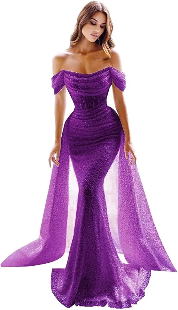 Sparkly Sequin Mermaid Prom Dresses for Women - Off The Shoulder Formal Evening Gown with Detachable Train | Perfect for Homecoming, Pageants & Black Tie Events