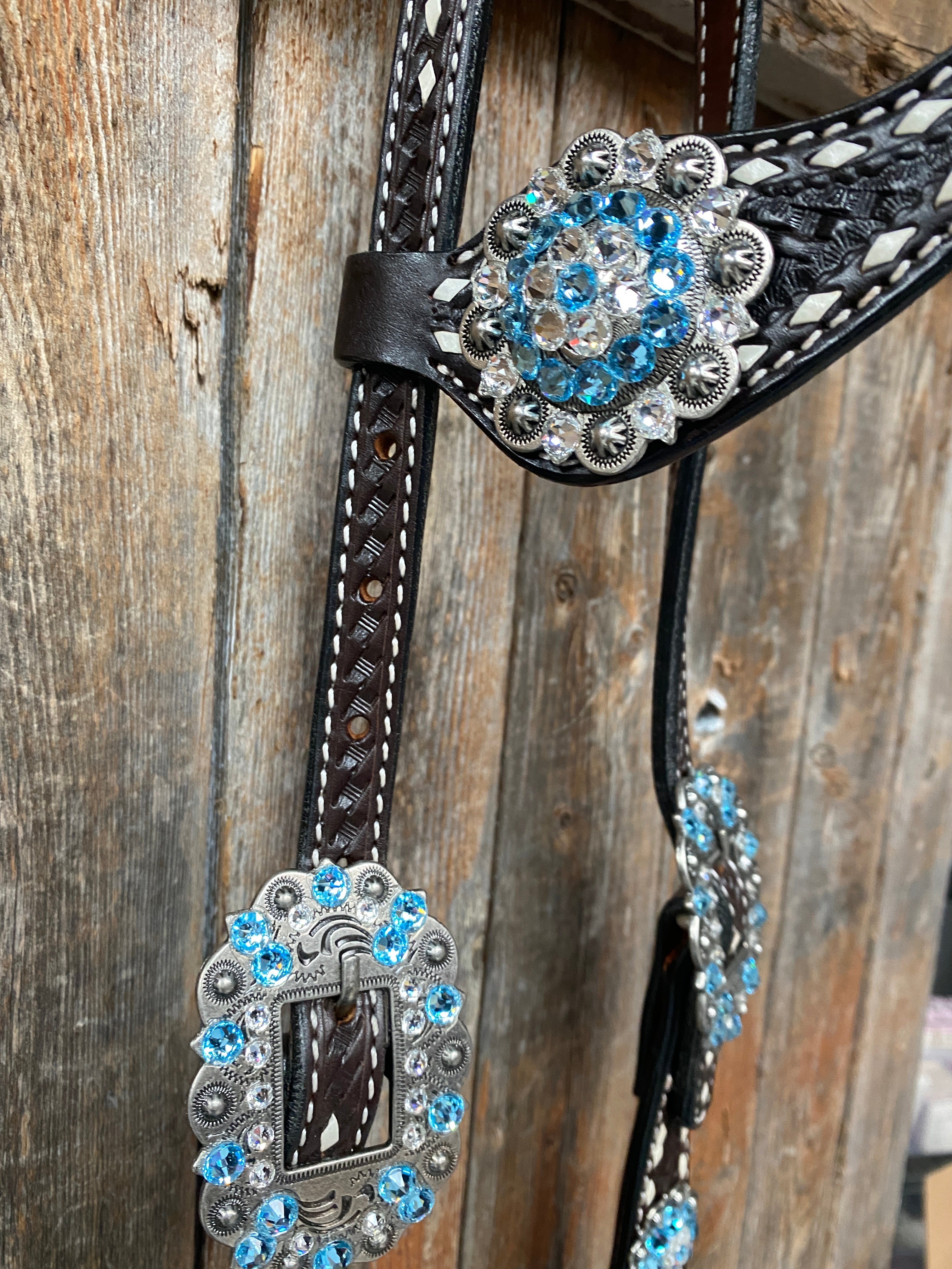 Premium Dark Oil Buckstitch Aqua & Clear One Ear & Breastcollar Tack Set #OEBC439 - Western Horse Riding Show & Trail Equipment