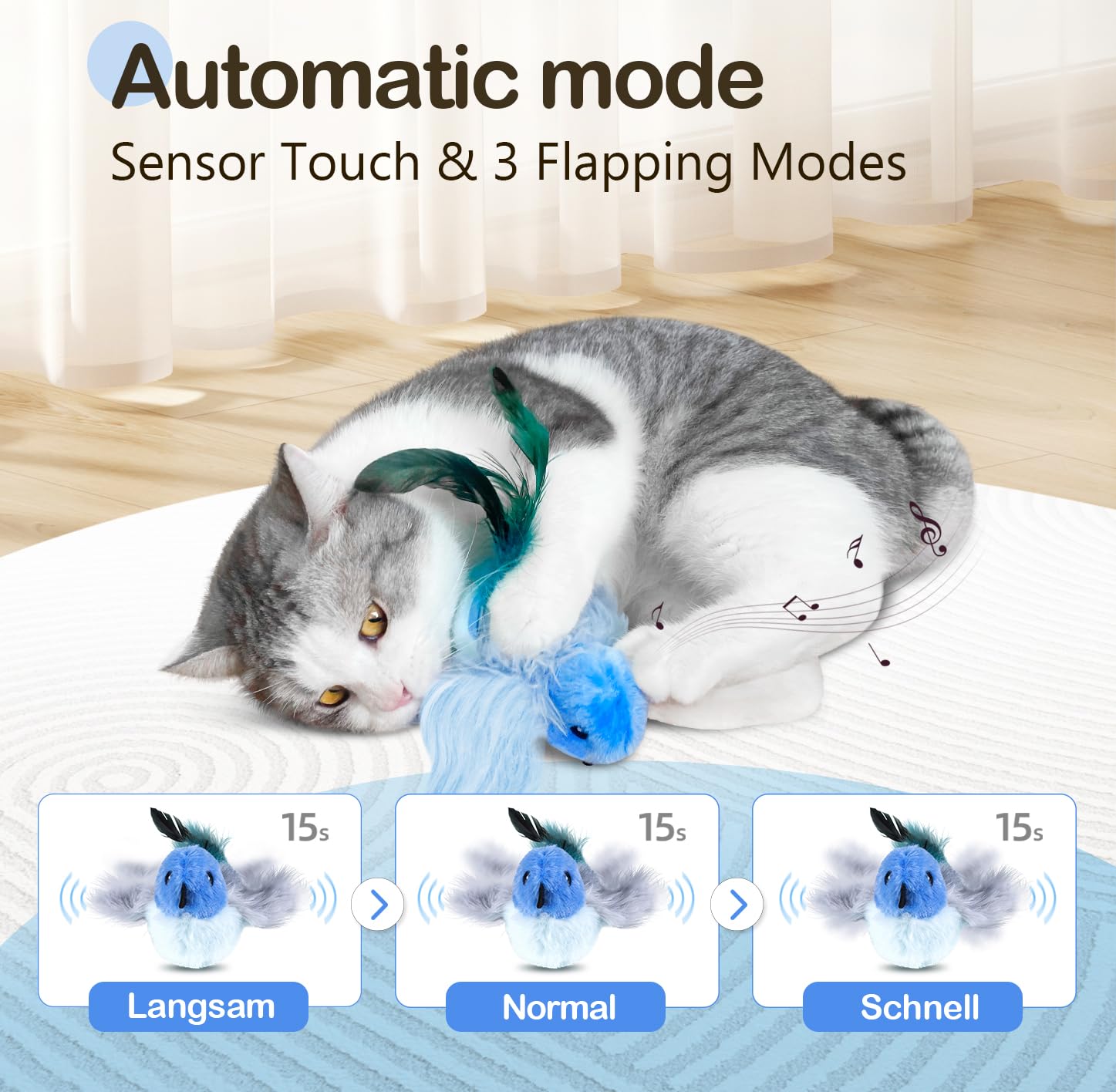 Migipaws Interactive Cat Toys with Catnip - Lifelike Robin Flying Flapping Bird Toy with Feathers & Elastic String, Automatic Chirping Kitten Toys for Indoor Cats - Rechargeable (Blue) | Perfect for Solo Play, Exercise & Stimulation