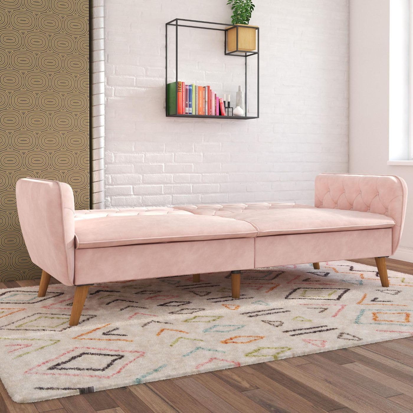 Novogratz Tallulah Convertible Memory Foam Futon Couch - Pink Velvet Sofa Bed for Small Spaces, Guest Room & Dorm | Comfortable Sleeper for Living Room, Apartment & Studio