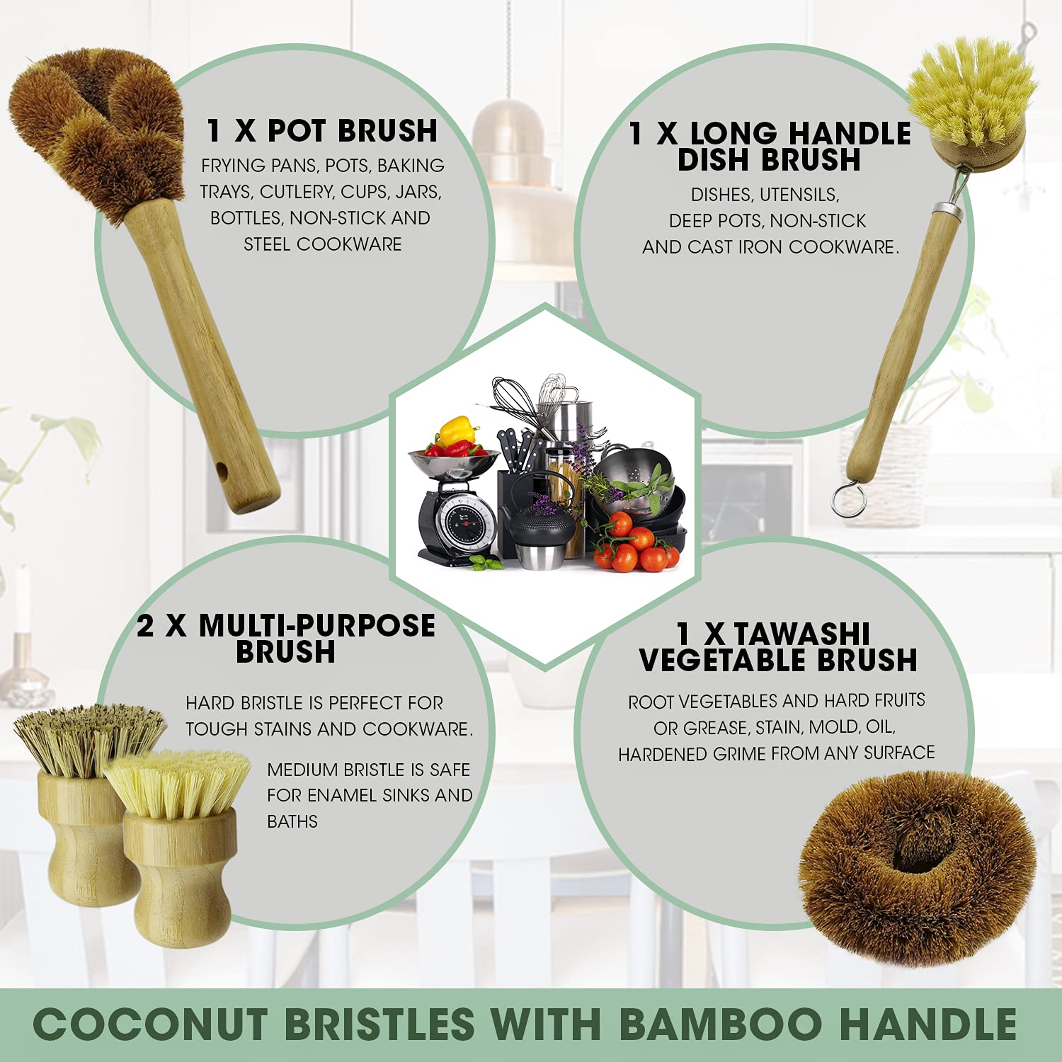 5-Piece Bamboo Dish Brush Set - Eco-Friendly Wooden Scrubbers for Kitchen Cleaning | Sustainable Natural Bristle Brushes for Pots, Pans & Bottles | Perfect for Zero-Waste Homes & Green Living