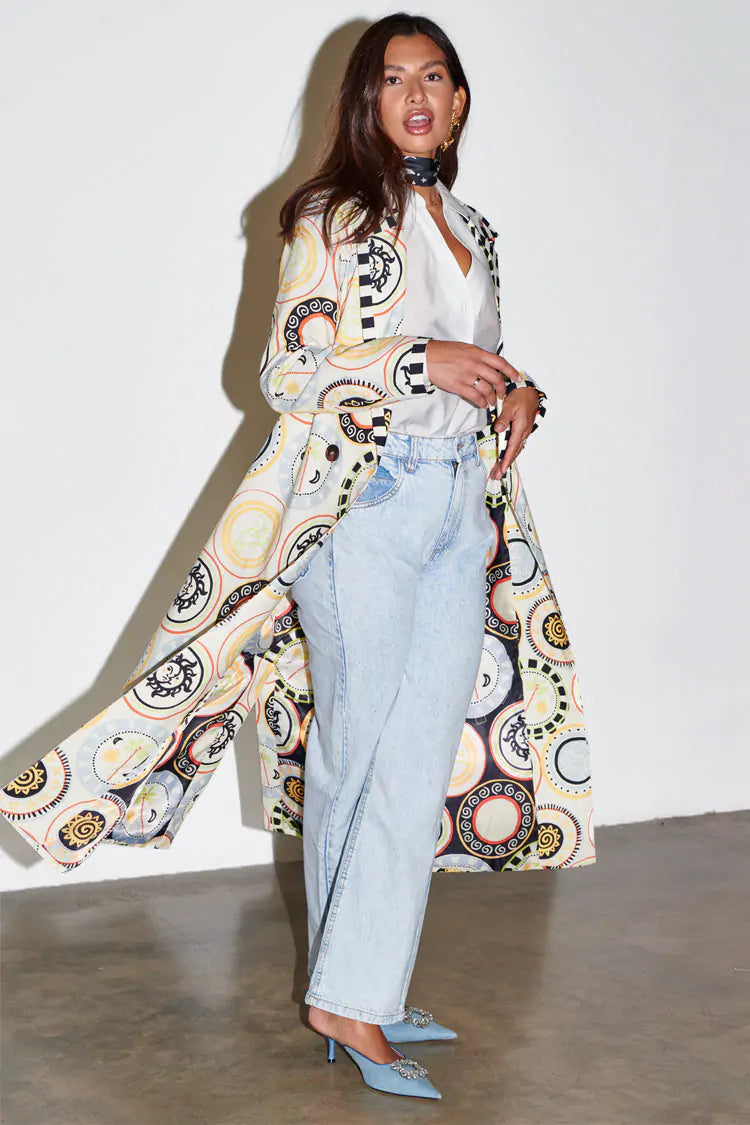 Elegant Mosaic Print 55-Inch Long Jacket for Women - Cream Color - Perfect for Fall & Winter Fashion, Office Wear, and Evening Outfits