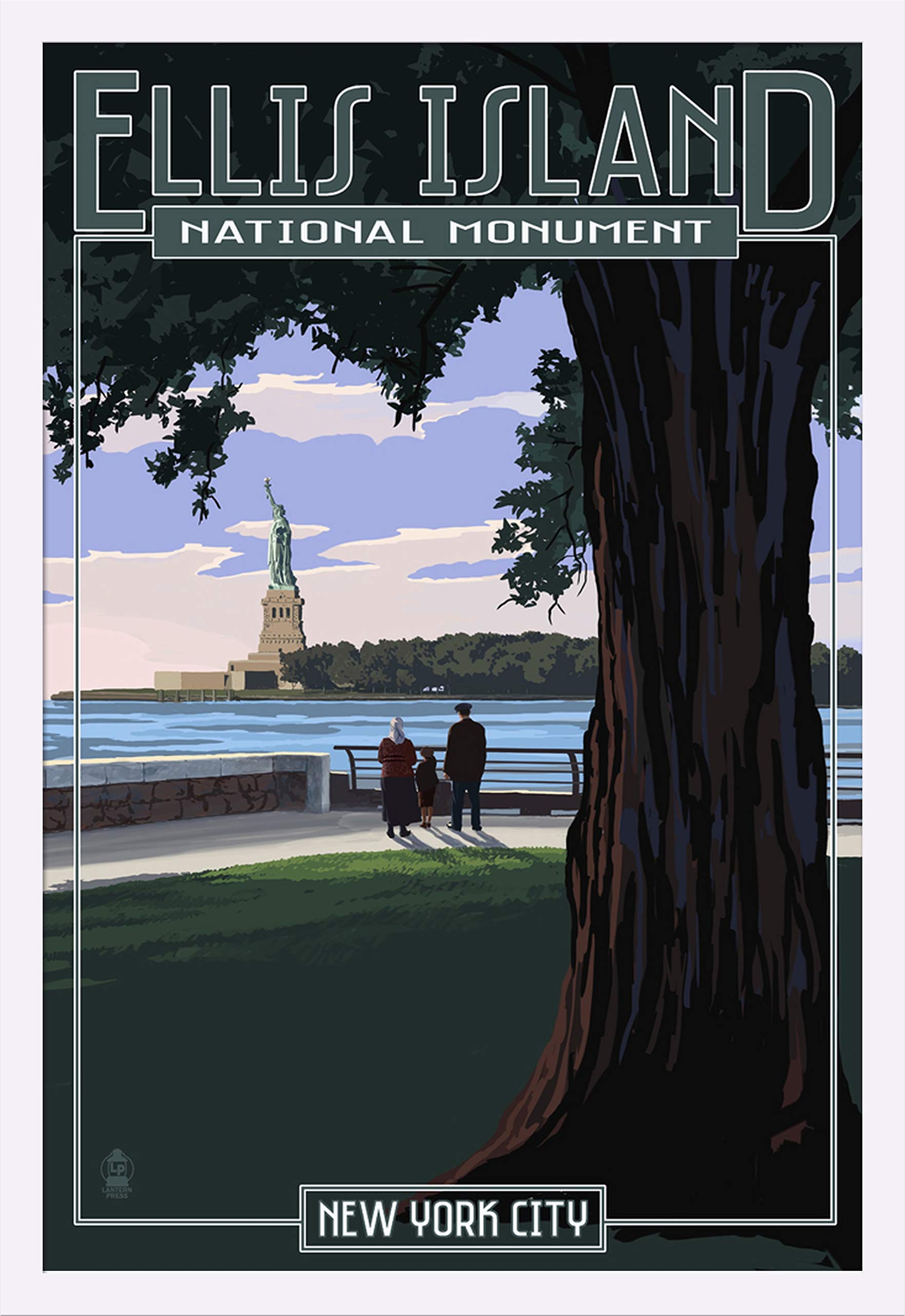 Ellis Island National Monument & Statue of Liberty New York City Art Print - 24x36 Giclee Gallery Framed in White Wood - Perfect for Home Decor, Office Wall Art & Historical Gift