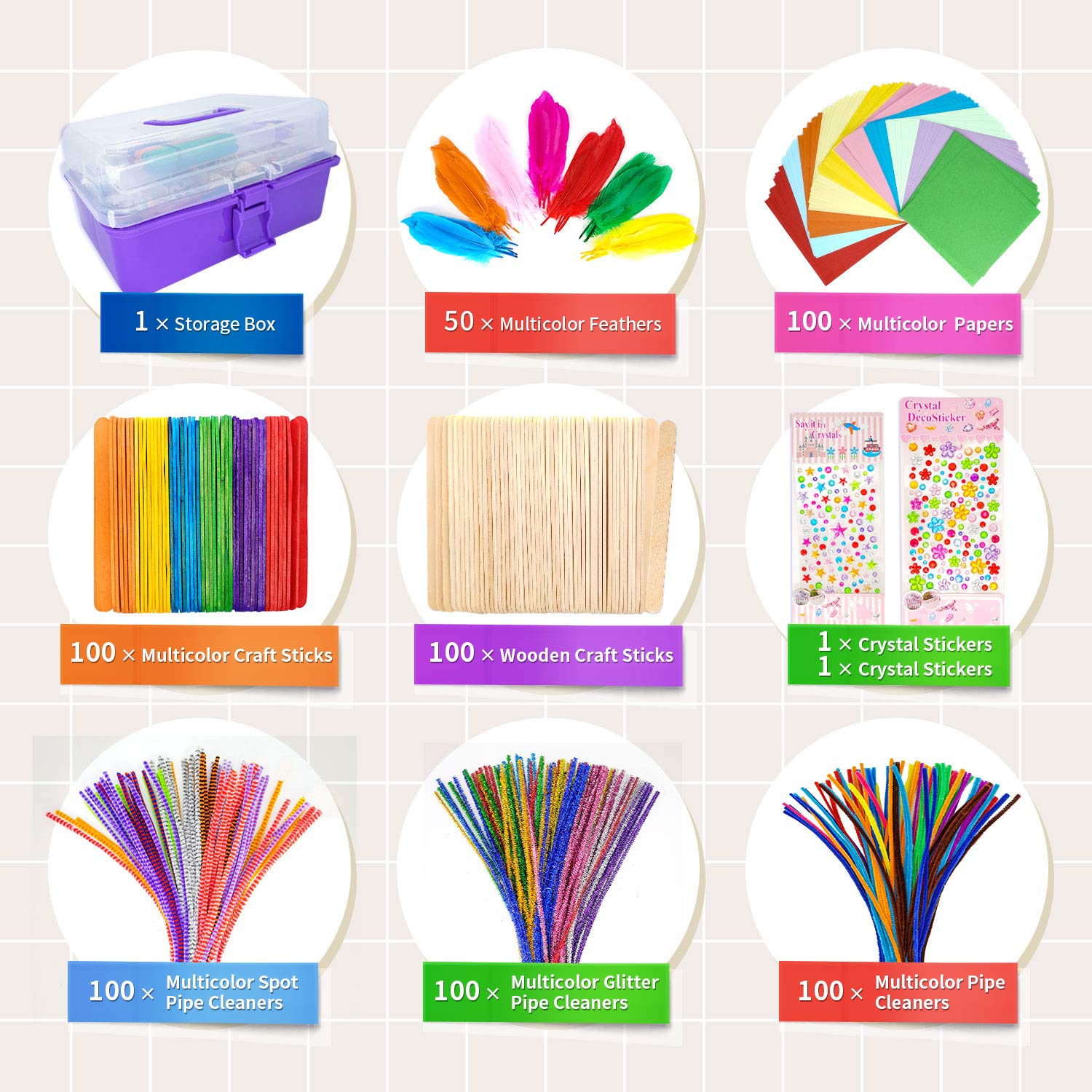1405 Pcs Kids Craft Supplies Kit - Pipe Cleaners, Pom Poms, Feathers & Storage Box for DIY Art Projects | Perfect for Toddler Classroom Activities, Birthday Gifts & Creative Play (Purple)