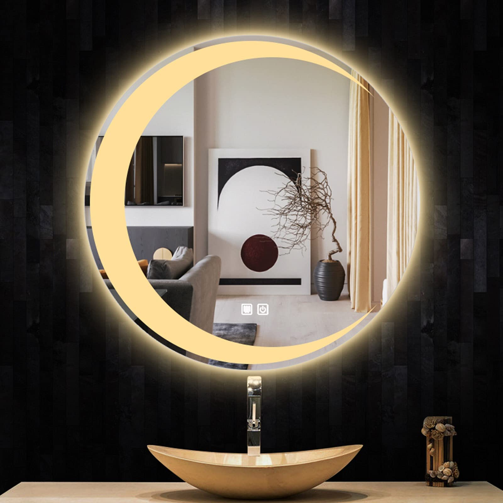 Modern Round LED Bathroom Mirror with Moon Pattern - Anti-Fog Frameless Wall Mounted Mirror with Touch Control for Bathroom & Bedroom | Perfect for Vanity, Makeup, and Home Decor