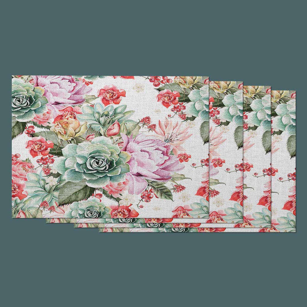 Moslion Floral Place Mats Set of 4 - Watercolor Peony Roses Succulents Cotton Linen Table Mats 12x18 Inch for Dining Room Kitchen Table Decor | Perfect for Dinner Parties, Holiday Gatherings & Everyday Use