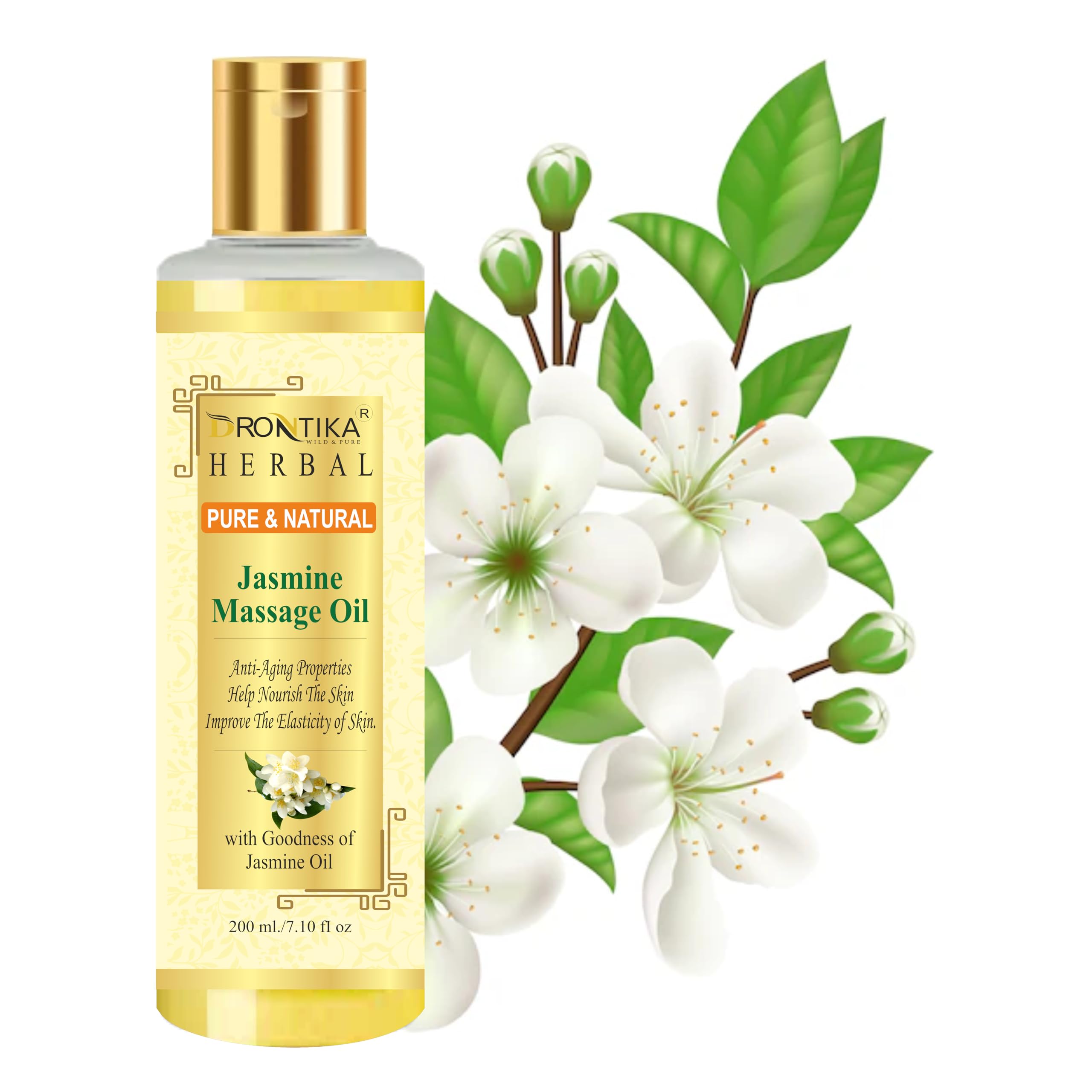 100% Pure Jasmine Massage Oil with Almond, Olive, Jojoba & Sesame Oils + Vitamin E - 200ml | Relaxing Aromatherapy for Spa, Couples & Self-Care | Drontika Herbal