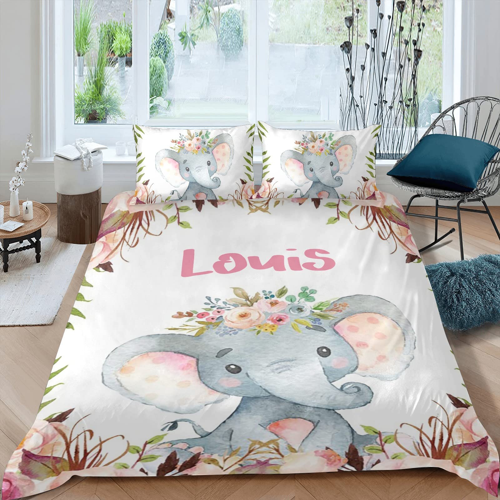 Personalized Elephant Floral King Size 3-Piece Duvet Cover Set - Soft Lamb Fleece Bedding for Adults, Custom Name Quilt - Perfect Birthday & Wedding Gift for Couples, Home Decor