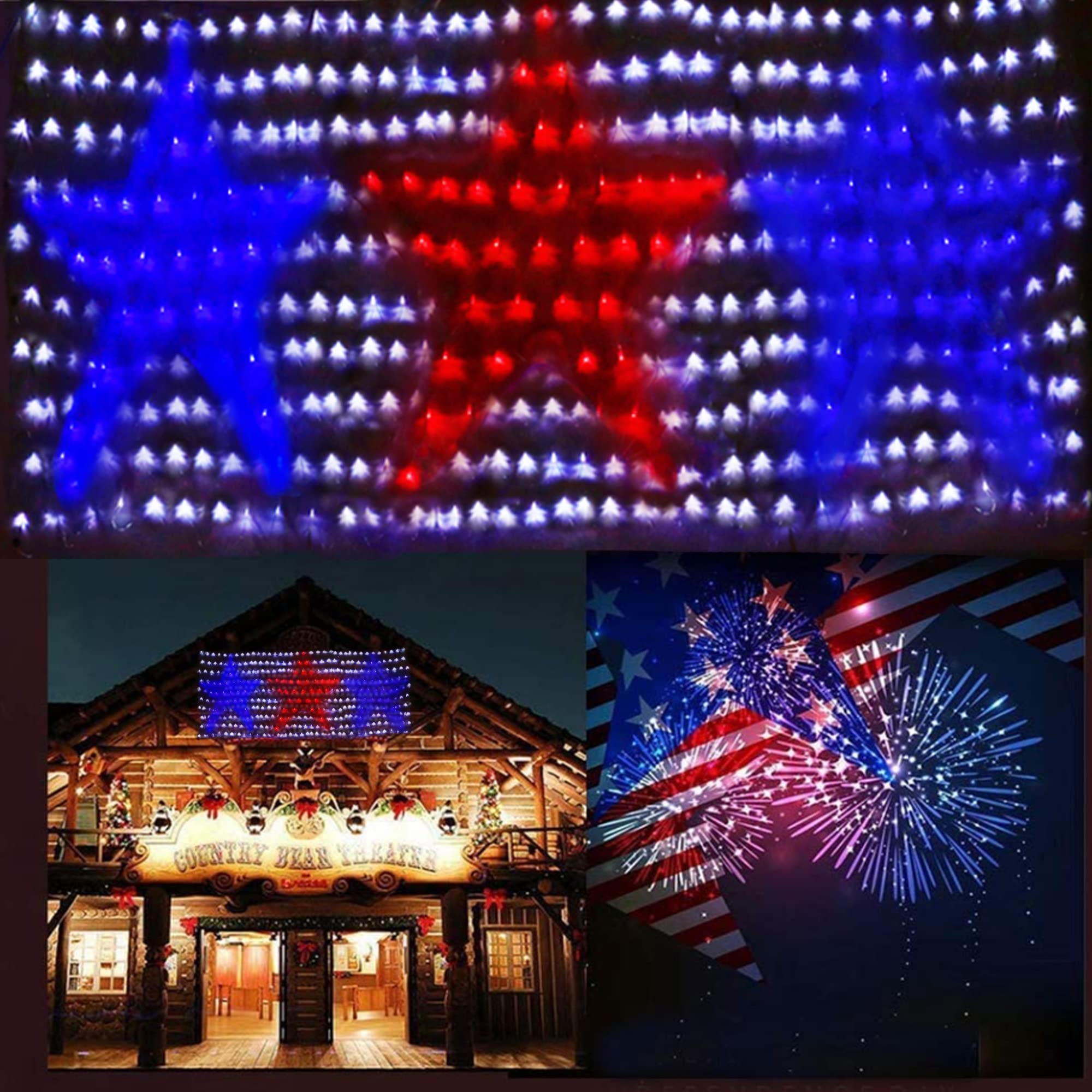 Weillsnow 300 LED American Flag Net Lights - 6.6FT x 3.3FT Outdoor Waterproof String Lights for Independence Day, National Day, Patriot Day (Red, White, Blue) - Perfect for Backyard, Garden, Fence, and Holiday Decorations