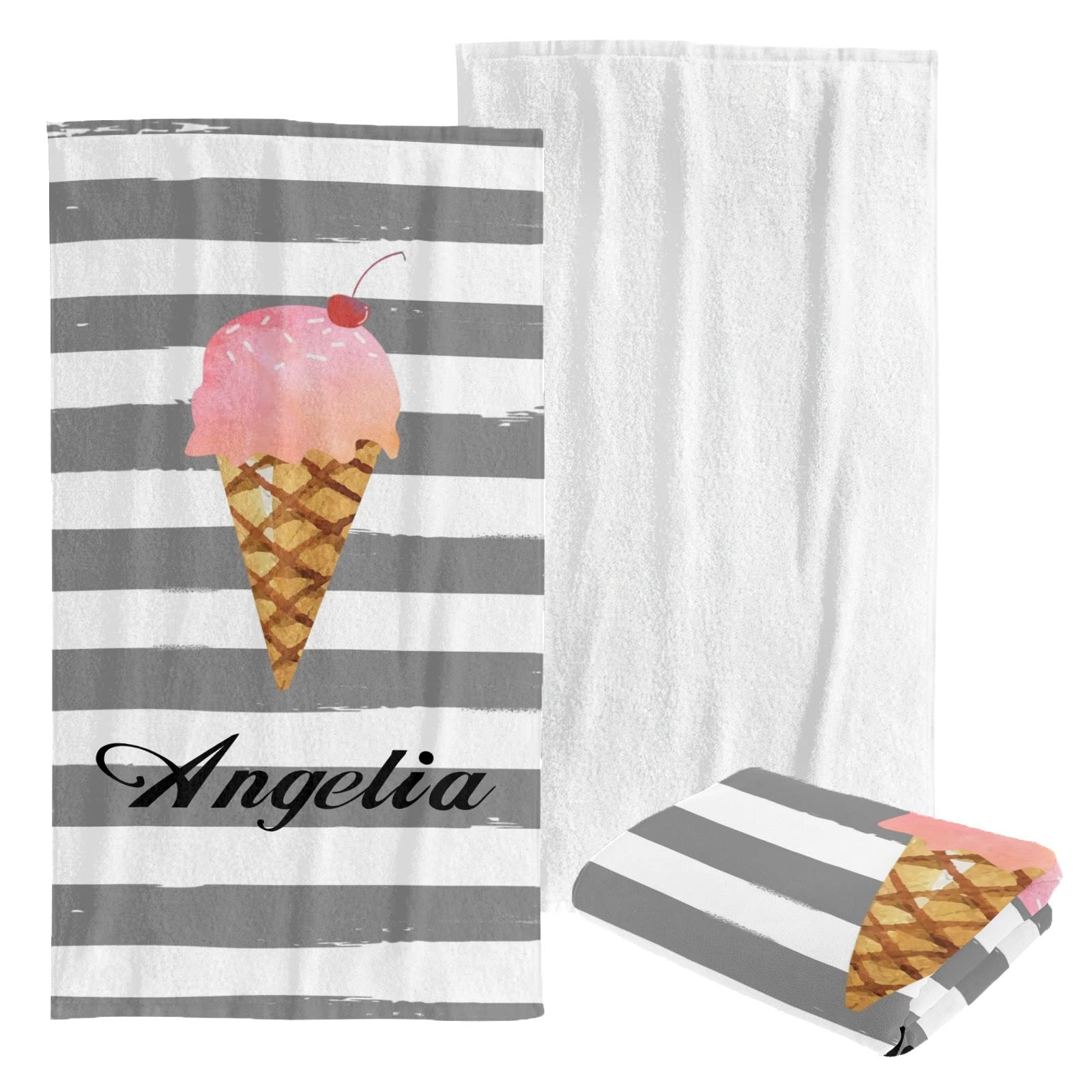 Custom Personalized Beach Towel - Soft Quick-Dry Bath Towel Blanket for Swimming, Sunbathing - Striped Ice Cream Design for Kids, Men, Women - Perfect for Pool, Beach, Vacation & Gym Use