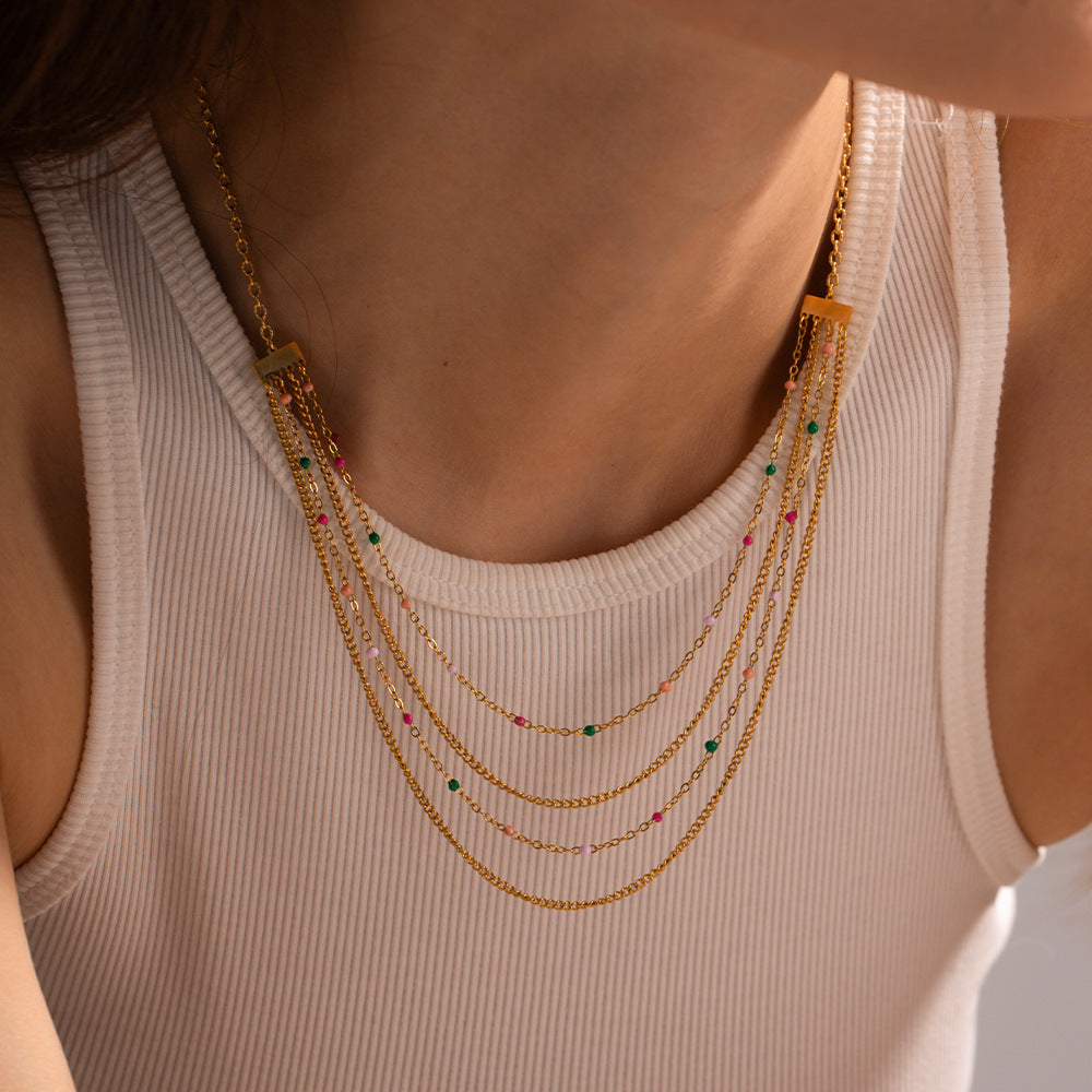 Multi Strand Gold Chain Necklace with Colorful Beads | GX2336 | Elegant Layered Jewelry for Women, Perfect for Parties, Weddings & Everyday Wear