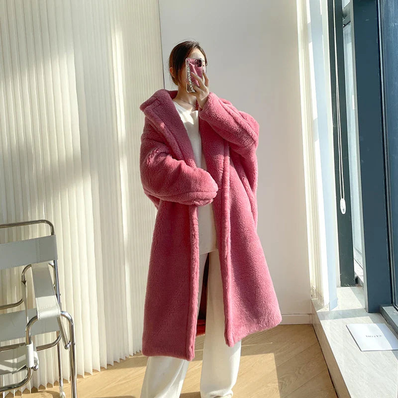 2022 Women's Long Cashmere Coat - Premium Wool Woven Fabric, Thick & Warm Oversized Winter Jacket | Fashion Streetwear Teddy Bear Style | Perfect for Cold Weather, Office Wear & Holiday Outfits
