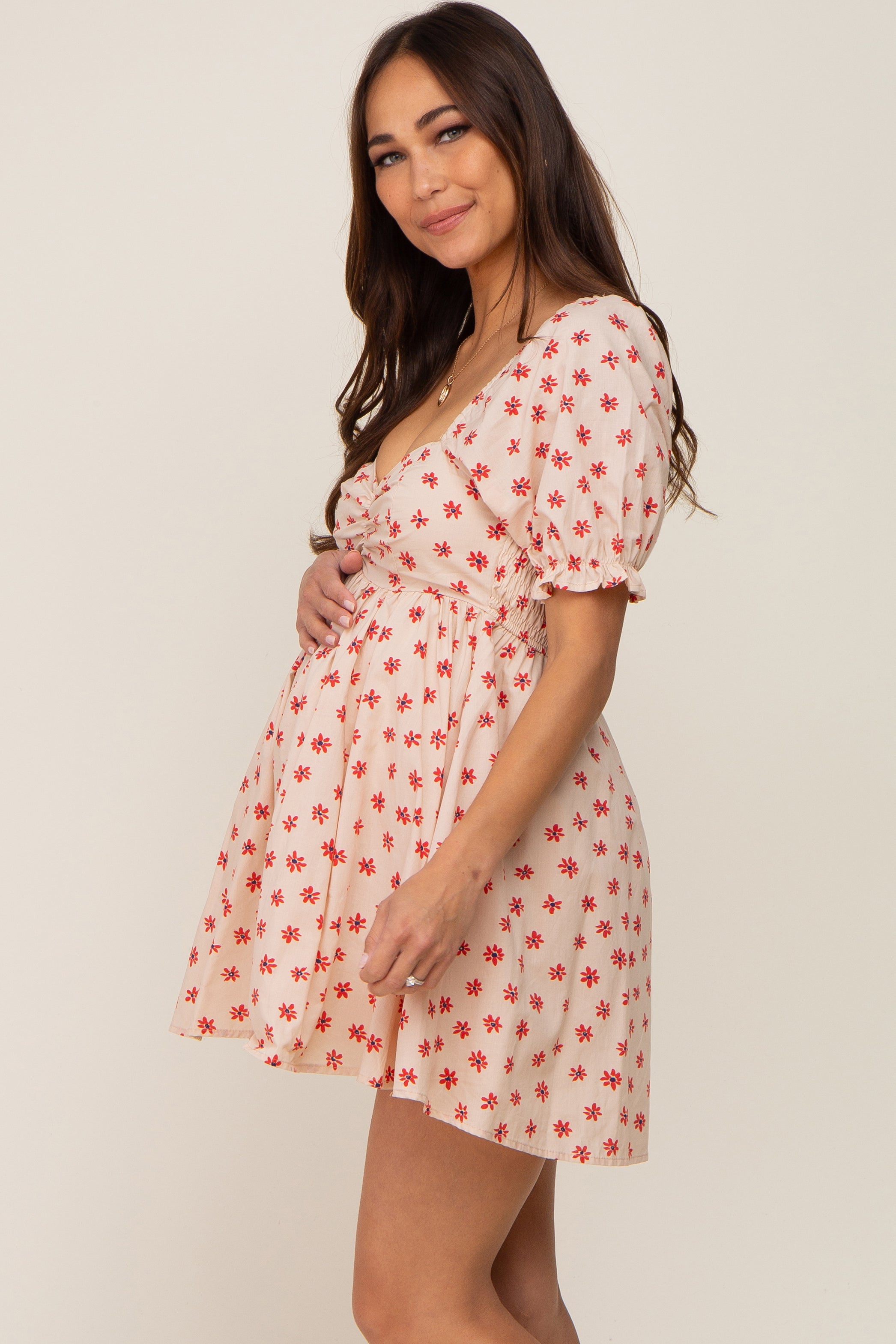 Beige Floral Puff Sleeve Maternity Romper - Stylish Pregnancy Jumpsuit for Moms-to-Be | Perfect for Baby Showers, Maternity Photos & Summer Outfits