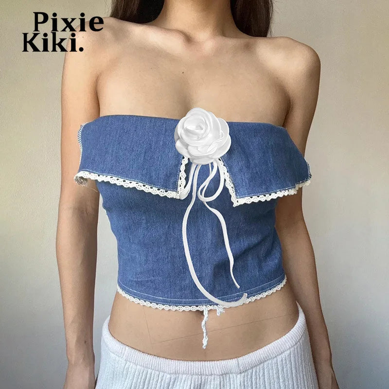 3D Flower Applique Halterneck Backless Camisole Top for Women - Blue Denim Patchwork Y2K Fashion Going Out Tops | Perfect for Parties, Date Nights & Summer Outfits