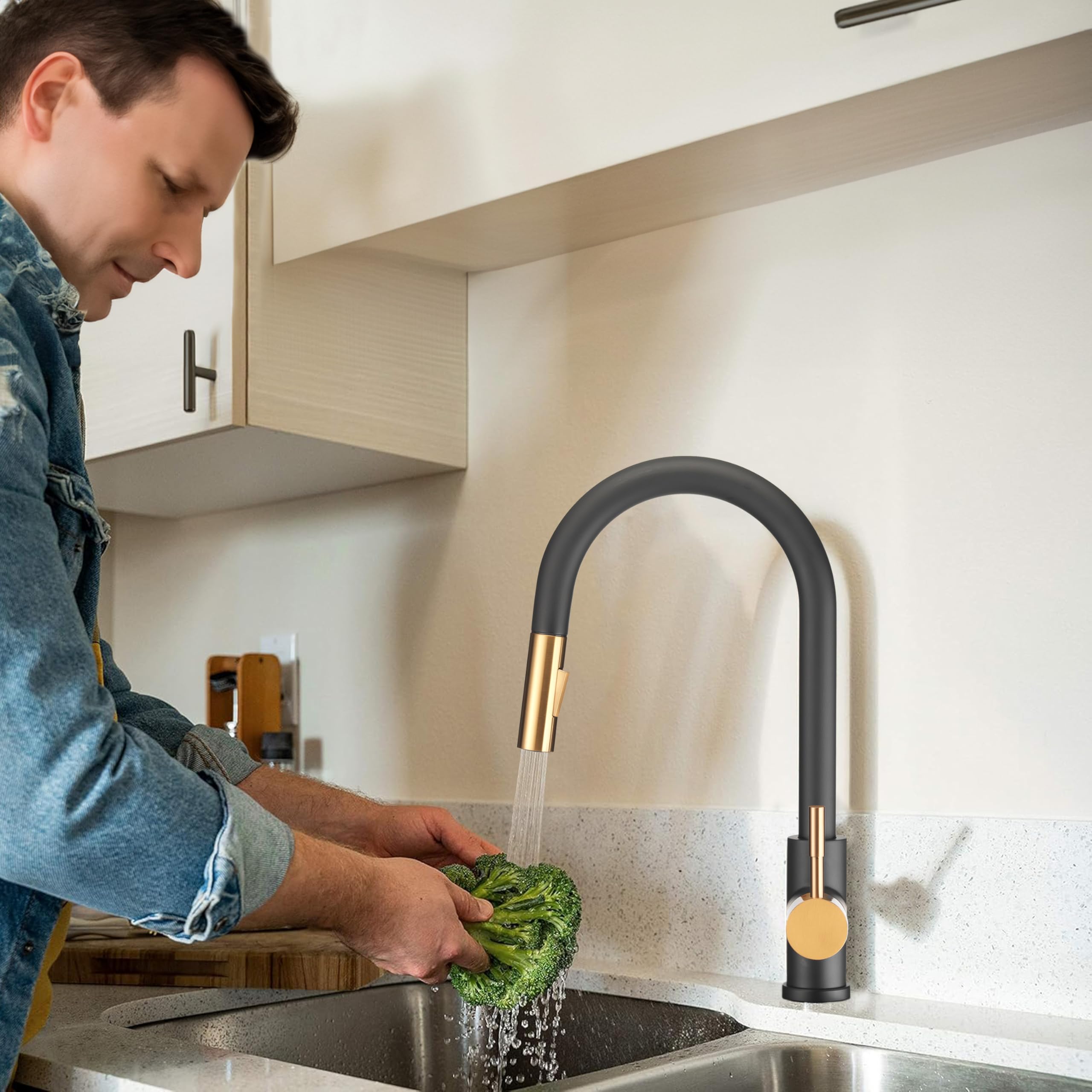 Dura Faucet RV Streamline Single Handle Pull-Down Kitchen Sink Faucet with Optional Deck Plate - Matte Black or Rose Gold Finish for RV, Camper, Tiny Home & Mobile Kitchen Applications