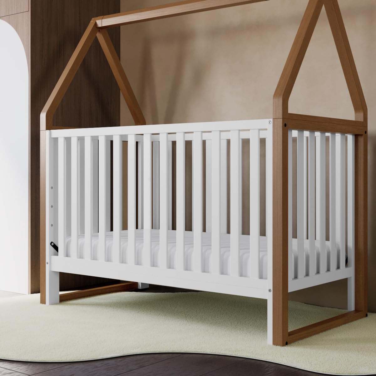 Storkcraft Orchard 6-in-1 Convertible Crib - GREENGUARD Gold Certified, Toddler to Full Bed, Playhouse & Daybed - Hazelnut & White Finish - Fits Standard Crib Mattress - Perfect for Nursery, Kids Room & Guest Bedroom