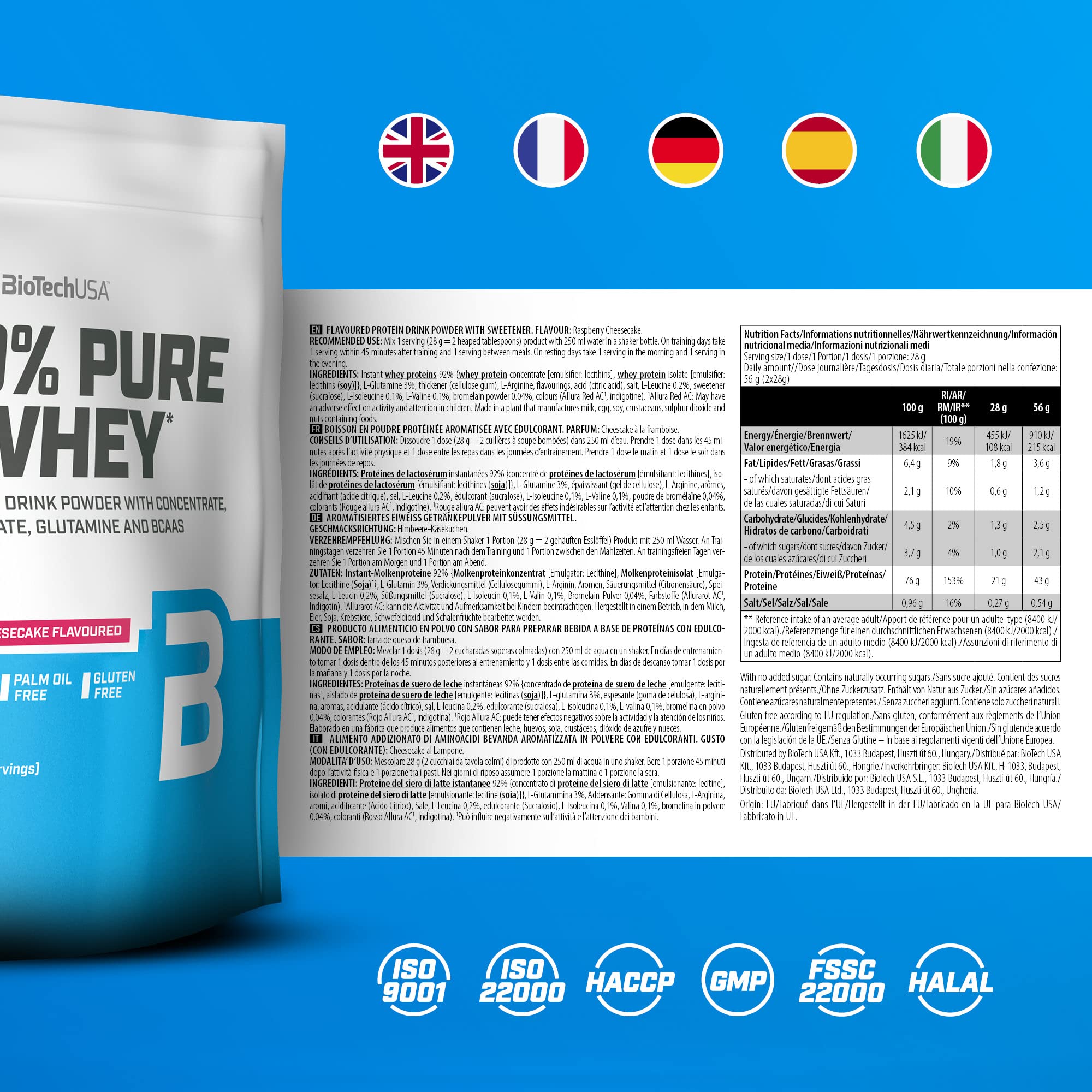 BioTechUSA 100% Pure Whey Protein Powder - Raspberry Cheesecake Flavor, 35.2oz (1000g) for Muscle Recovery & Post-Workout Nutrition | Gym Supplements for Athletes & Bodybuilders