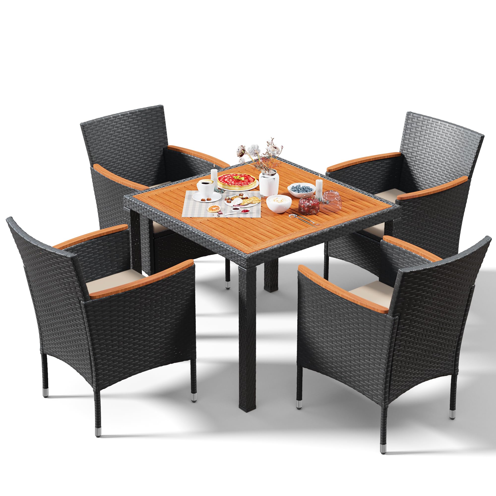 Devoko 5-Piece Outdoor Patio Furniture Set - Acacia Wood Top & Rattan Dining Table with Chairs for Backyard, Garden, Deck - Black | Perfect for Outdoor Entertaining, BBQ Parties, and Relaxing in Your Yard