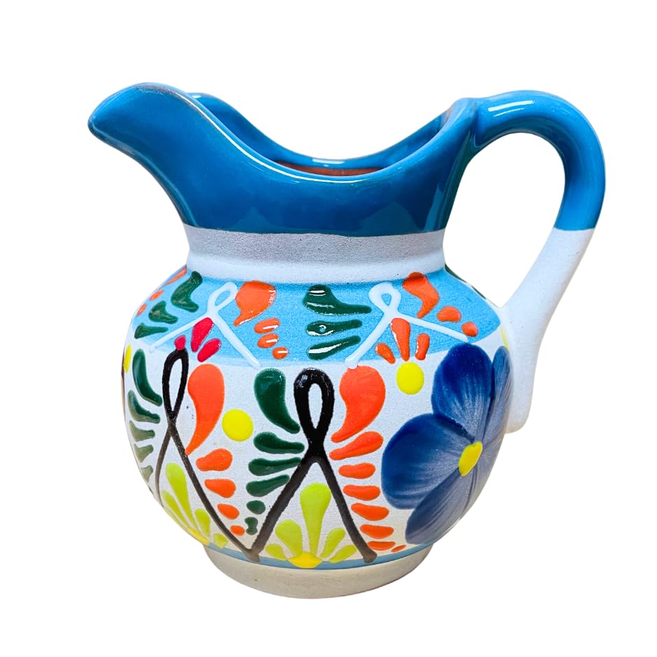 Handmade Small Engobe Clay Pitcher - Traditional Mexican Jarro Jug for Water or Juice - Authentic Guelaguetza Design with Baby Blue Rim - Perfect for Home Decor, Kitchen Use, and Gift Giving