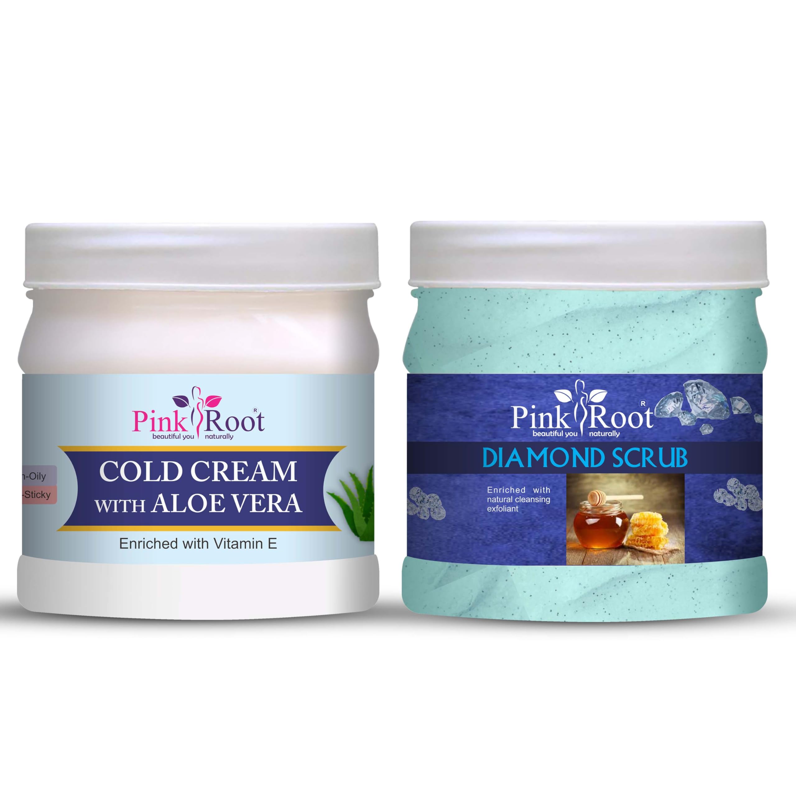 Pink Root Aloe Vera Cold Cream & Diamond Scrub Set - 500ml Each | Hydrating Face Moisturizer & Exfoliating Scrub for Dry Skin | Perfect for Spa Day & Skincare Routine