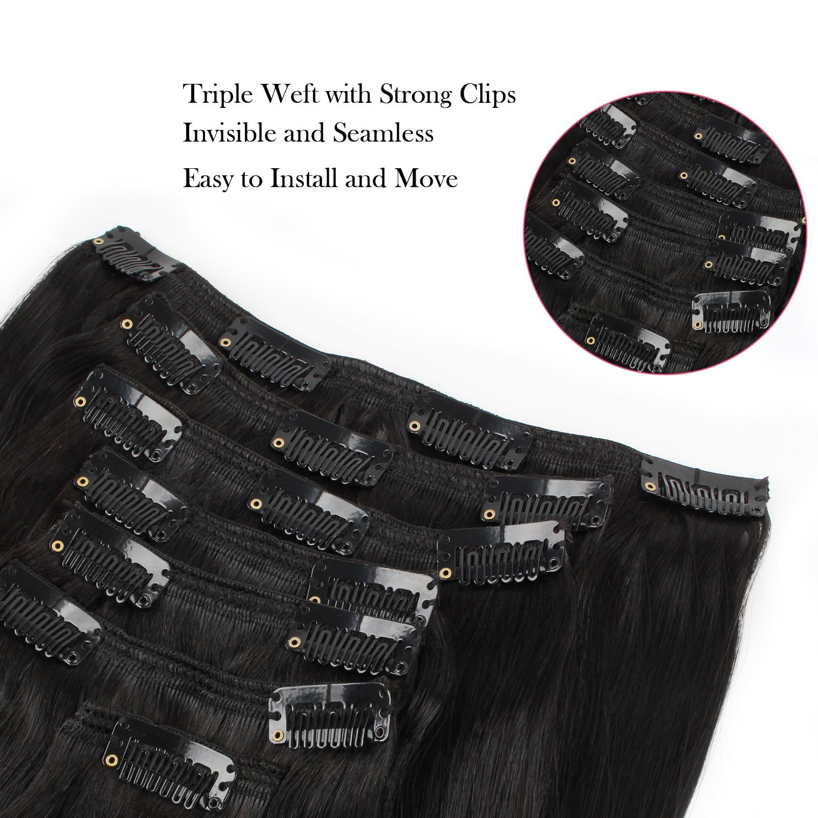 Sassina 18 Inch Silky Straight Clip In Human Hair Extensions - 100% Remy Human Hair, Seamless & Natural Look - 7 Pcs with 17 Clips (120g) - Perfect for Black Women - Great for Daily Styling, Parties & Special Occasions