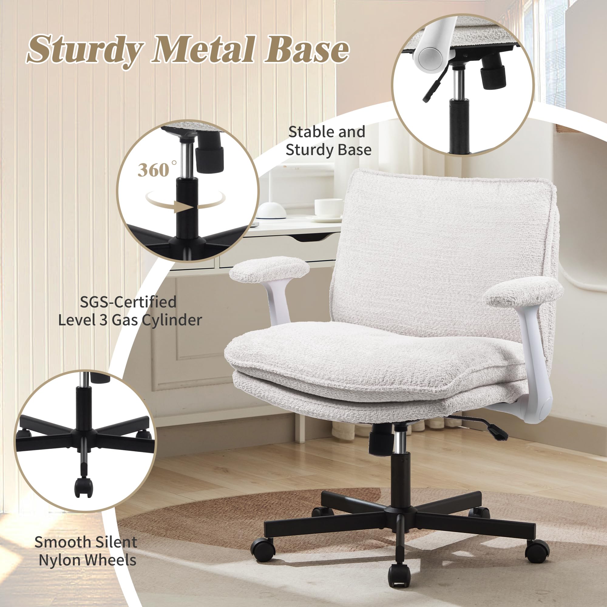 Ergonomic Cross-Legged Office Chair with Wheels & Flip-Up Armrests - Comfortable Upholstered Criss Cross Desk Chair for Home Office, Study, Vanity & Small Spaces - Beige Modern Seat for Working, Reading & Relaxing