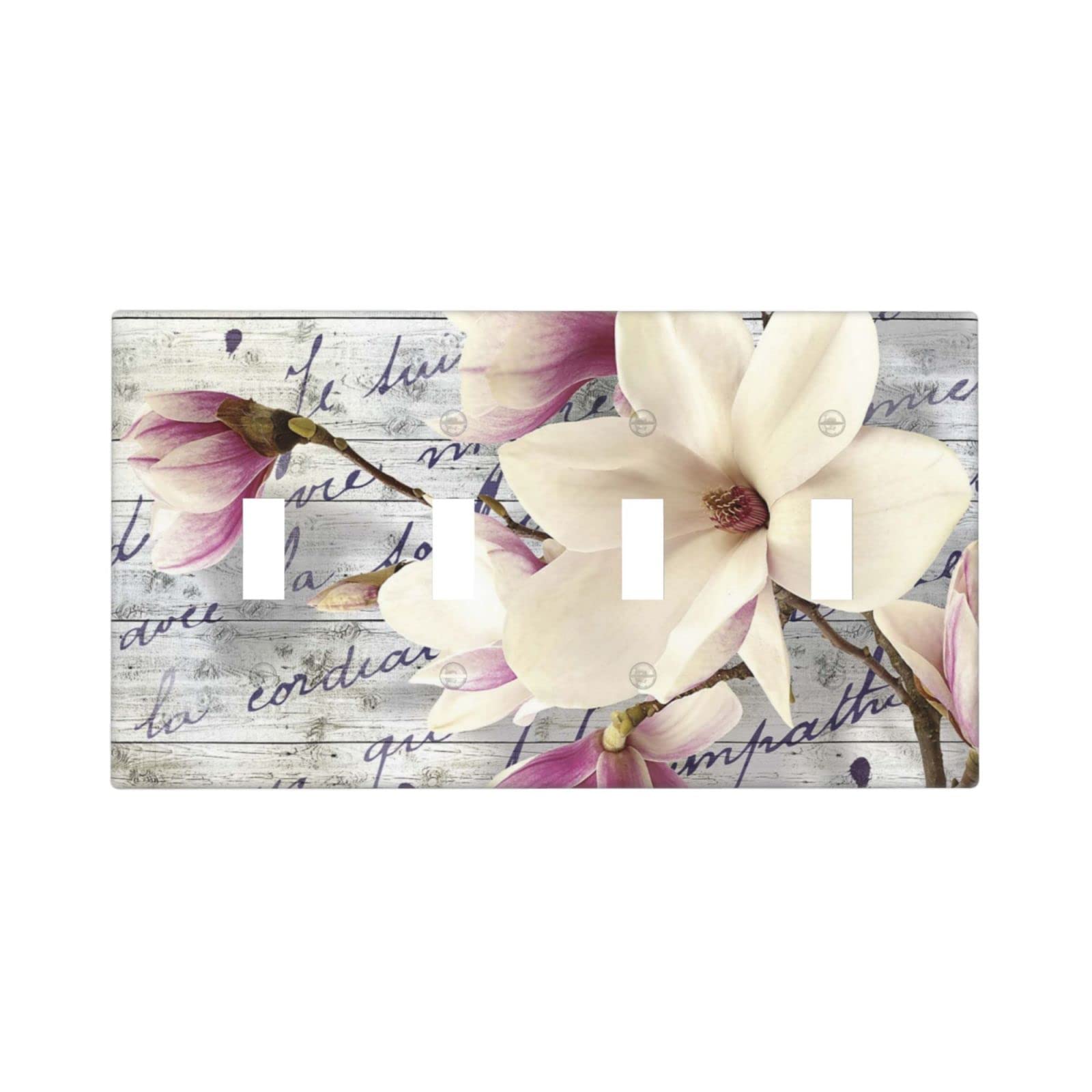 Vintage Magnolia Flower Light Switch Cover - Decorative 4 Gang Toggle Wall Plate (4.5 x 8.0 Inch) for Kitchen, Bathroom, Bedroom & Living Room - Floral Home Decor Upgrade